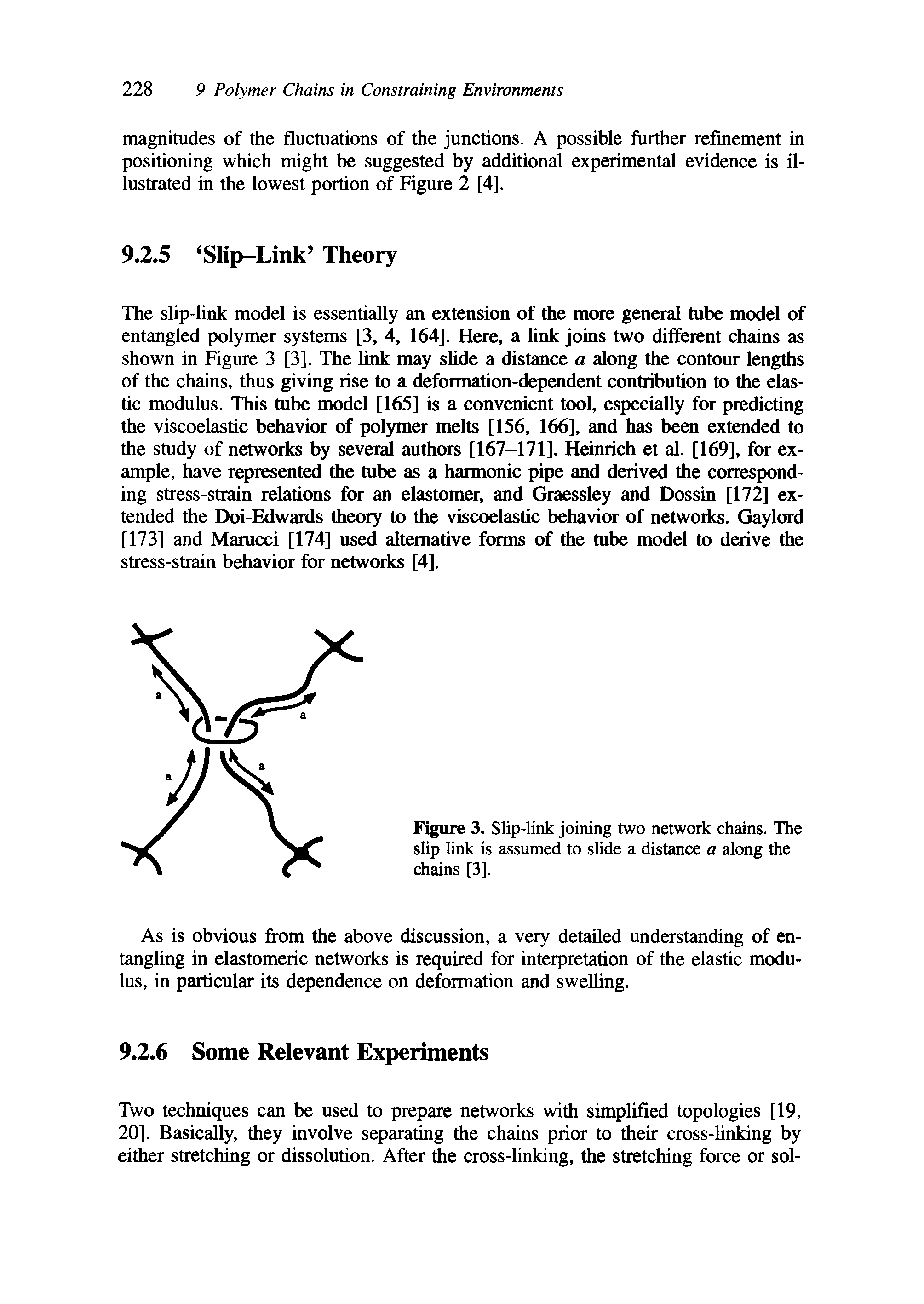 Figure 3. Slip-link joining two network chains. The slip link is assumed to slide a distance a along the chains [3],...