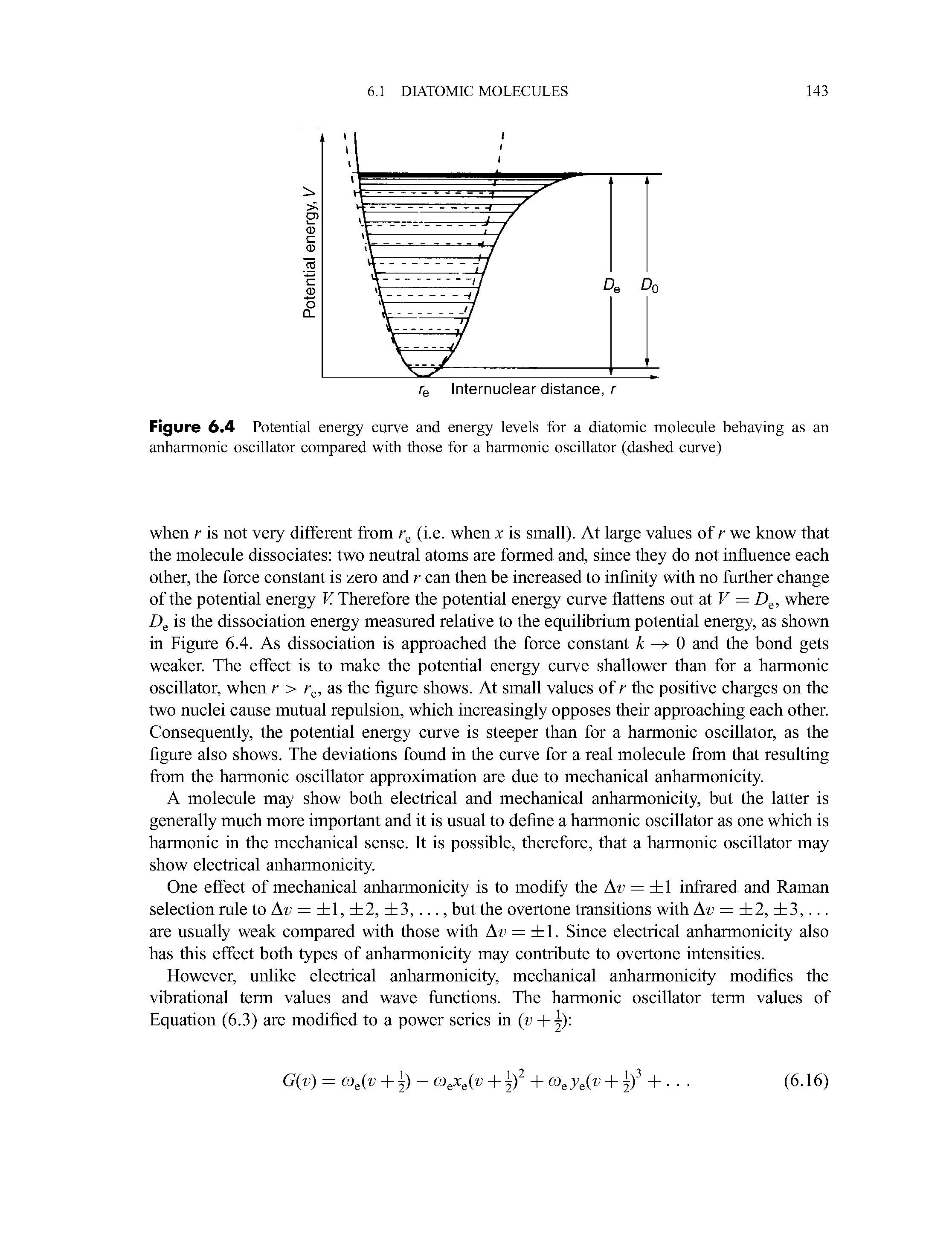 Figure 6.4 Potential energy curve and energy levels for a diatomic molecule behaving as an anharmonic oscillator compared with those for a harmonic oscillator (dashed curve)...