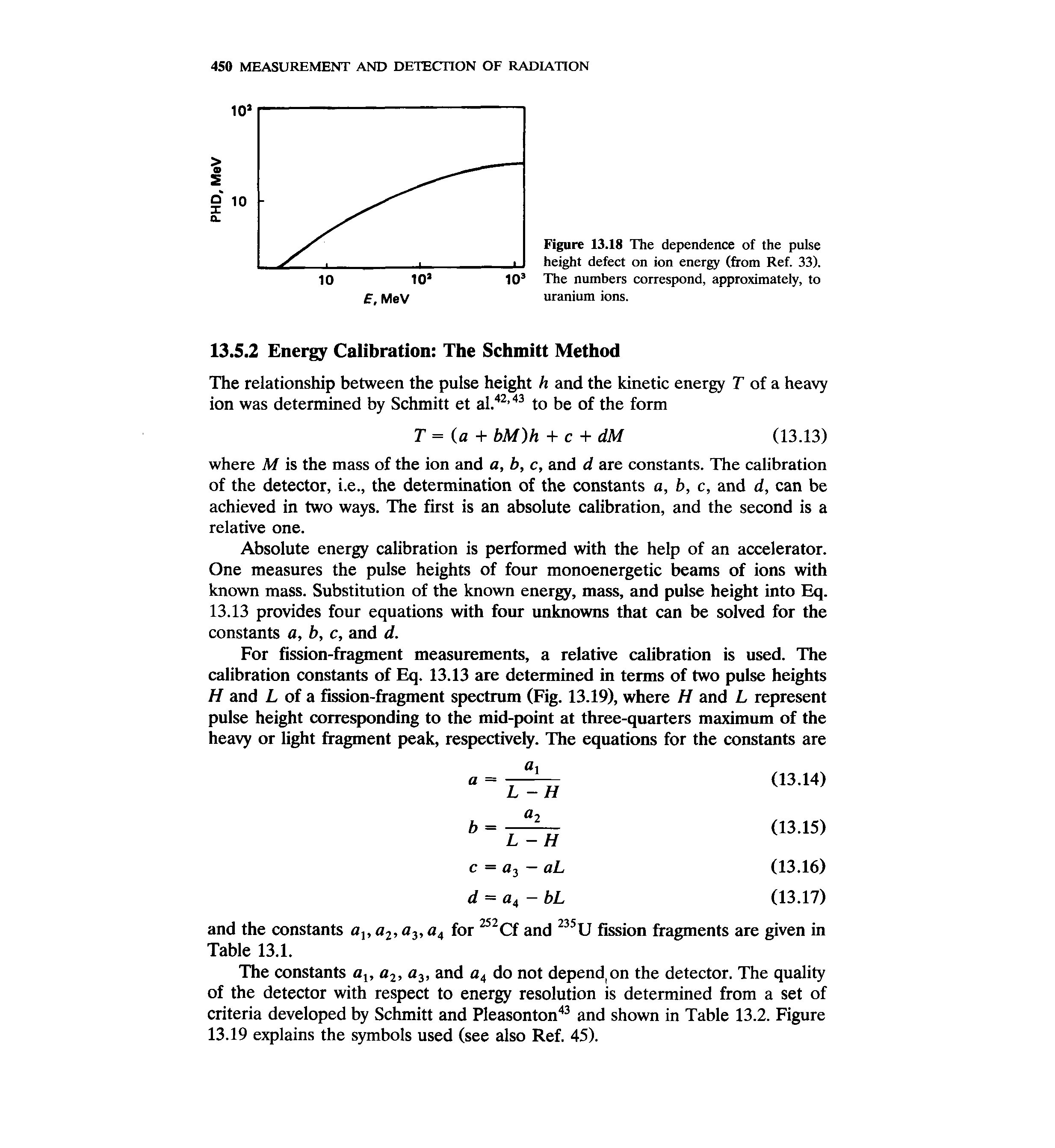 Figure 13.18 The dependence of the pulse height defect on ion energy (from Ref. 33). The numbers correspond, approximately, to uranium ions.