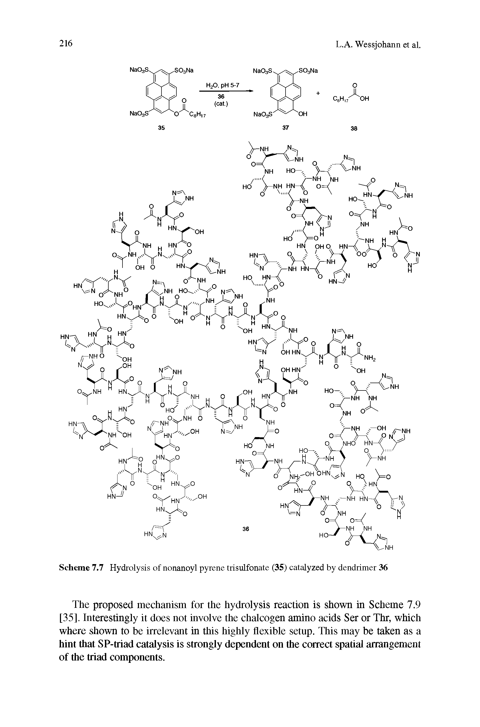 Scheme 7.7 Hydrolysis of nonanoyl pyrene trisulfonate (35) catalyzed by dendrimer 36...