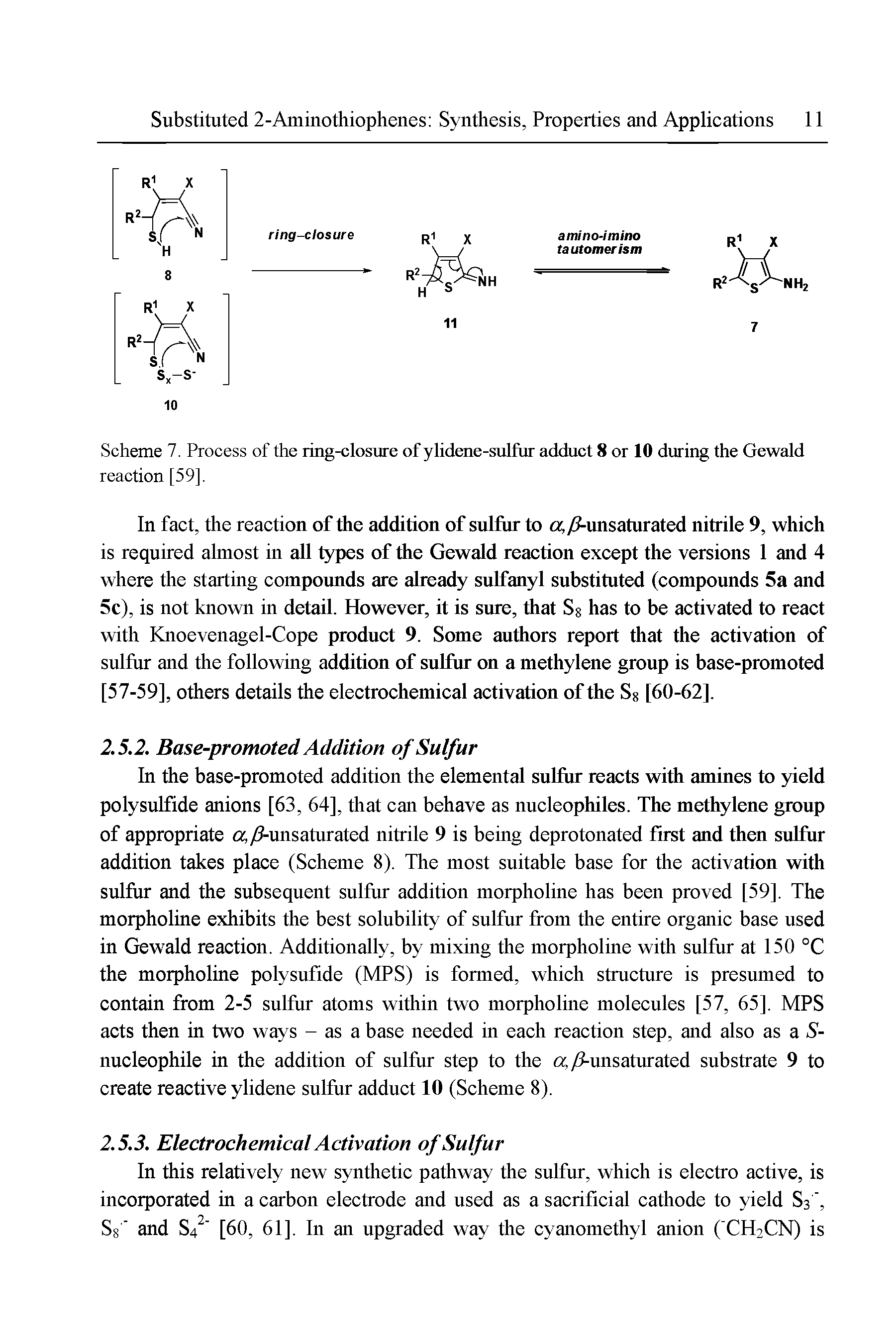 Scheme 7. Process of the ring-closure of ylidene-sulfur adduct 8 or 10 during the Gewald reaction [59],...