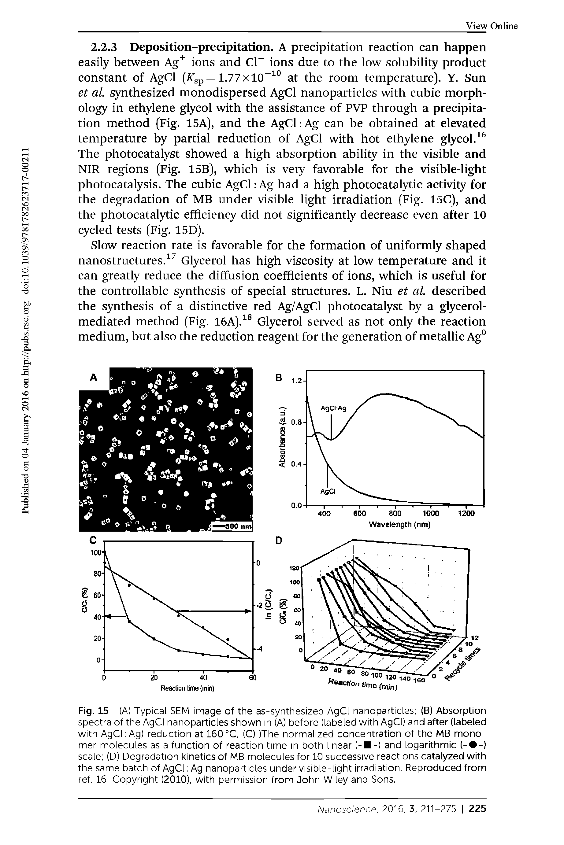 Fig. 15 (A) Typical SEM image of the as-synthesized AgCl nanoparticles (B) Absorption spectra of the AgCl nanoparticles shown in (A) before (labeled with AgCl) and after (labeled with AgCLAg) reduction at 160 °C (C) )The normalized concentration of the MB monomer molecules as a function of reaction time in both linear (- -) and logarithmic (- -) scale (D) Degradation kinetics of MB molecules for 10 successive reactions catalyzed with the same batch of AgCl Ag nanoparticles under visible-light irradiation. Reproduced from ref. 16. Copyright (2010), with permission from John Wiley and Sons.