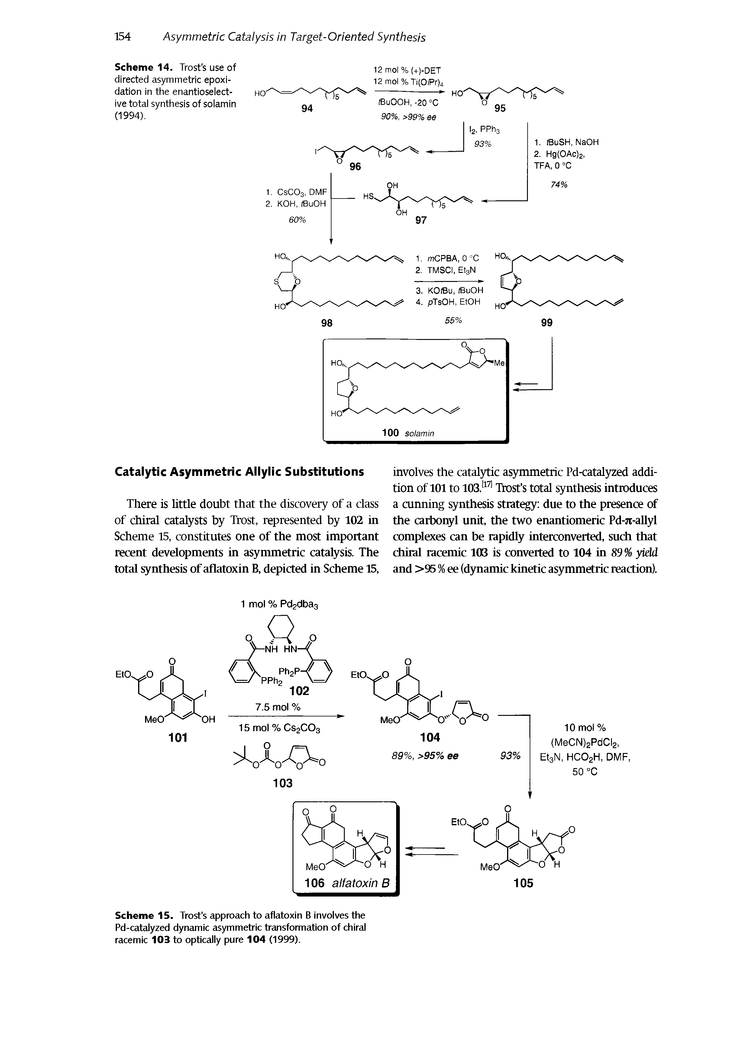 Scheme 15. Trost s approach to aflatoxin B involves the Pd-catalyzed dynamic asymmetric transformation of chiral racemic 103 to optically pure 104 (1999).