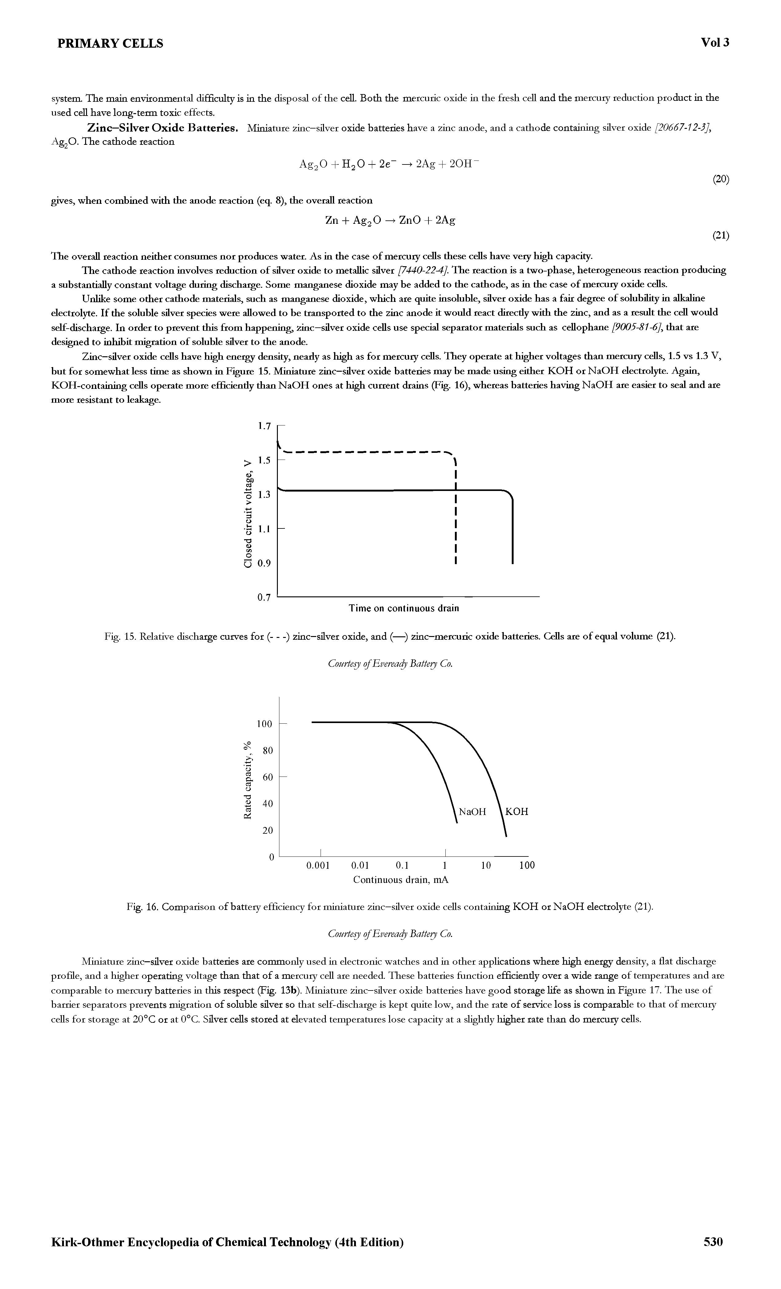 Fig. 16. Comparison of battery efficiency for miniature zinc—silver oxide cells containing KOH or NaOH electrolyte (21).