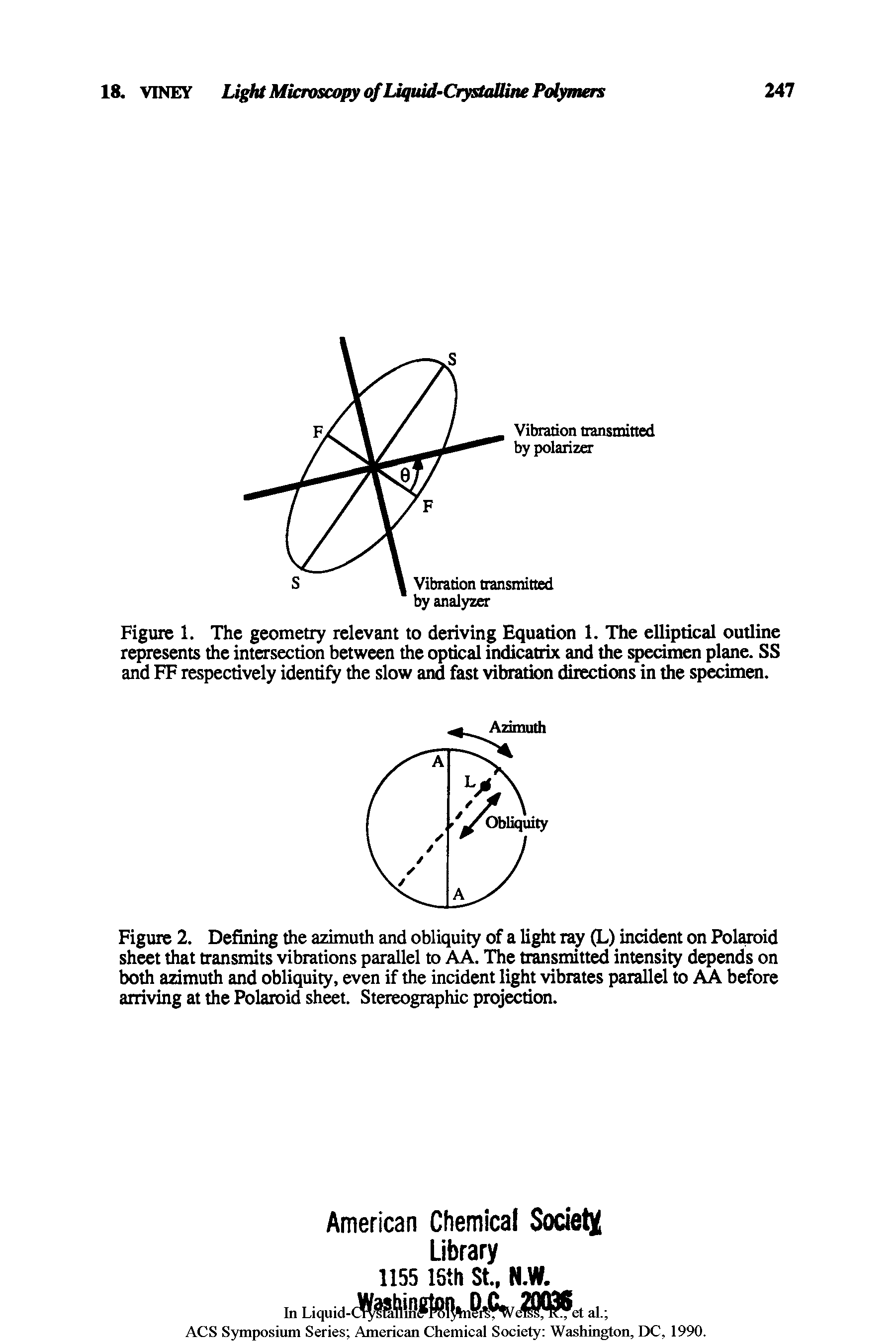 Figure 1. The geometry relevant to deriving Equation 1. The elliptical outline represents the intersection between the optical indicatrix and the specimen plane. SS and FF respectively identify the slow and fast vibration directions in the specimen.