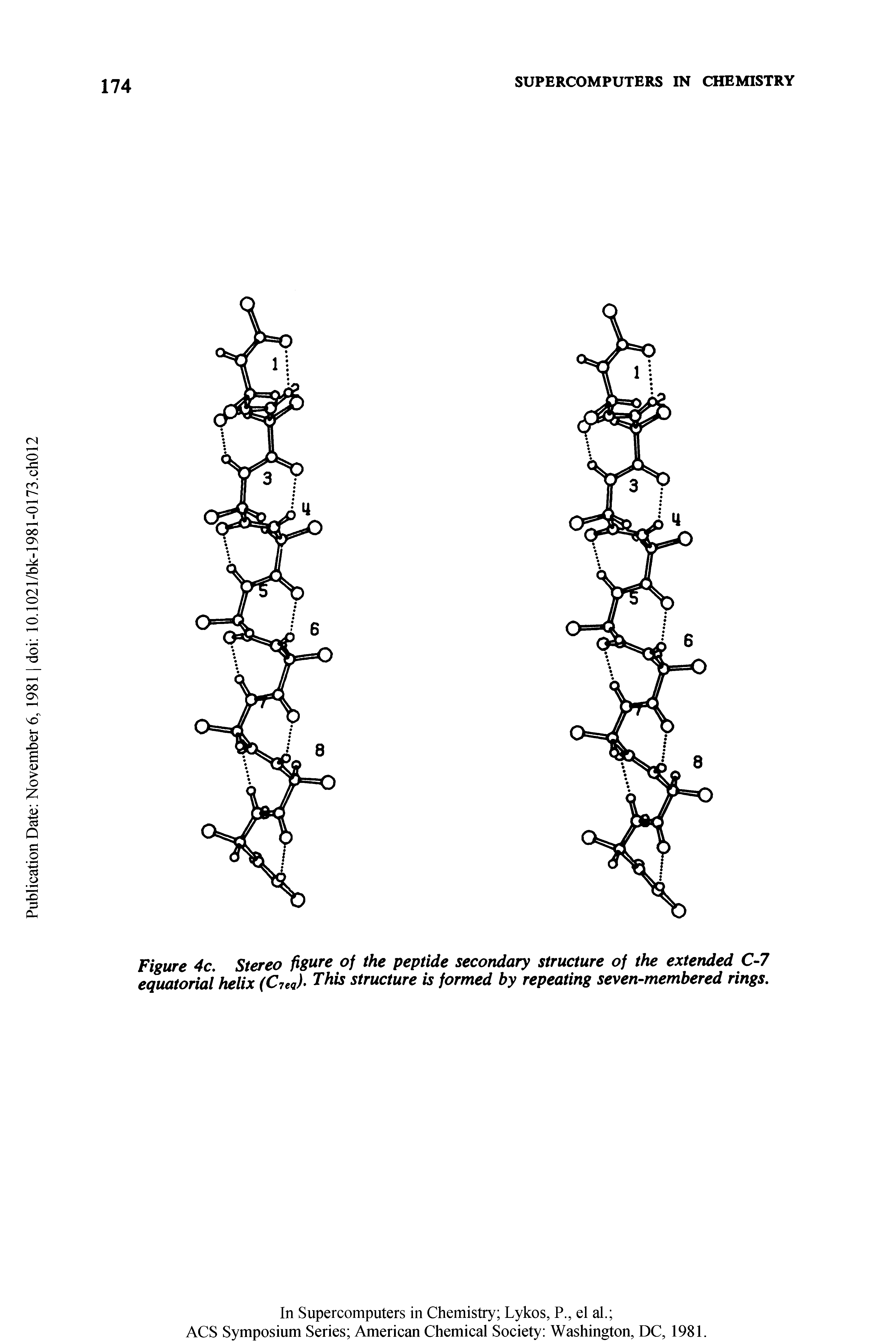Figure 4c. Stereo figure of the peptide secondary structure of the extended C-7 equatorial helix (C7eq)- This structure is formed by repeating seven-membered rings.