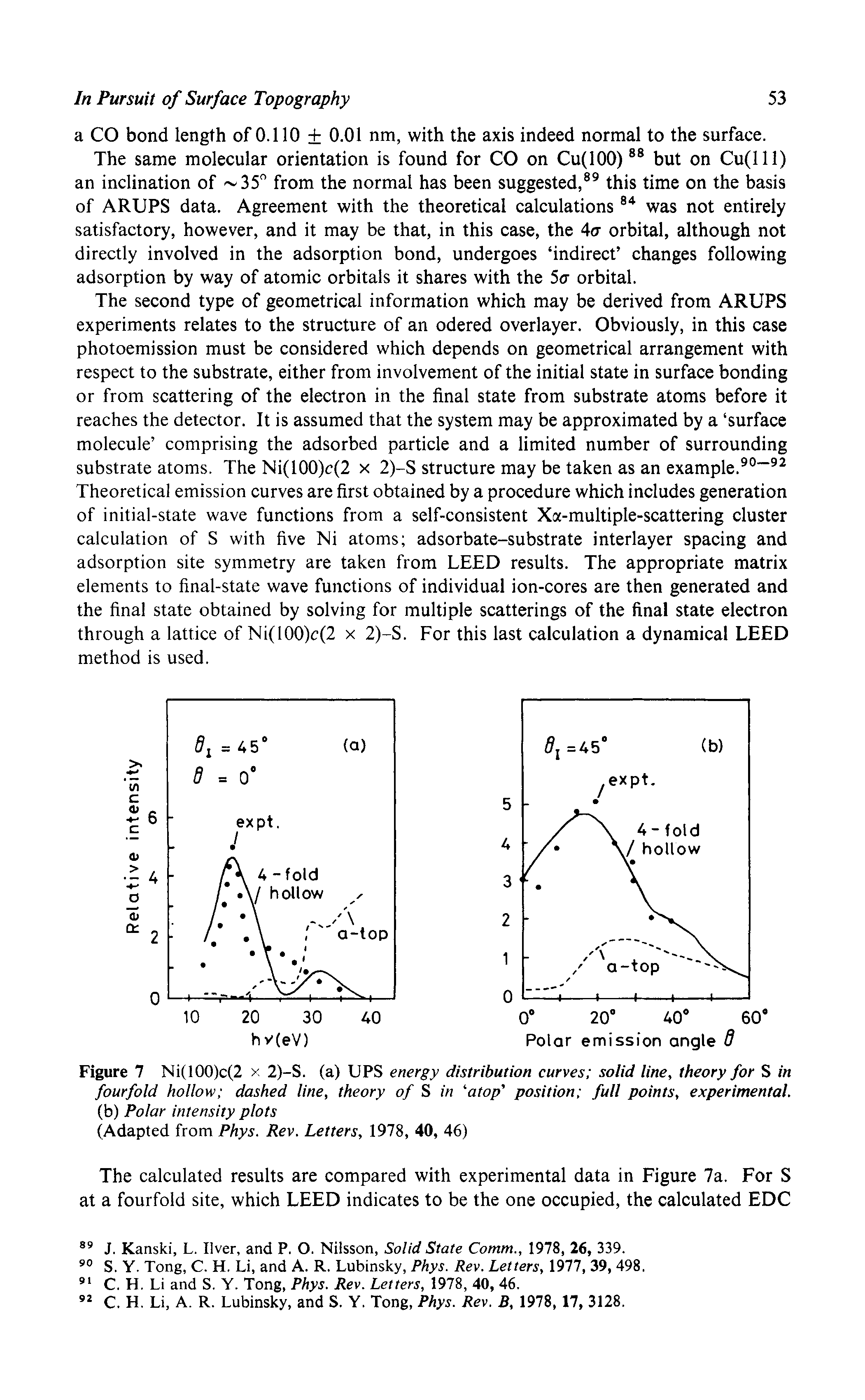 Figure 7 Ni(100)c(2 > 2)-S. (a) UPS energy distribution curves solid line, theory for S in fourfold hollow dashed line, theory of S in "atop position full points, experimental. (b) Polar intensity plots...