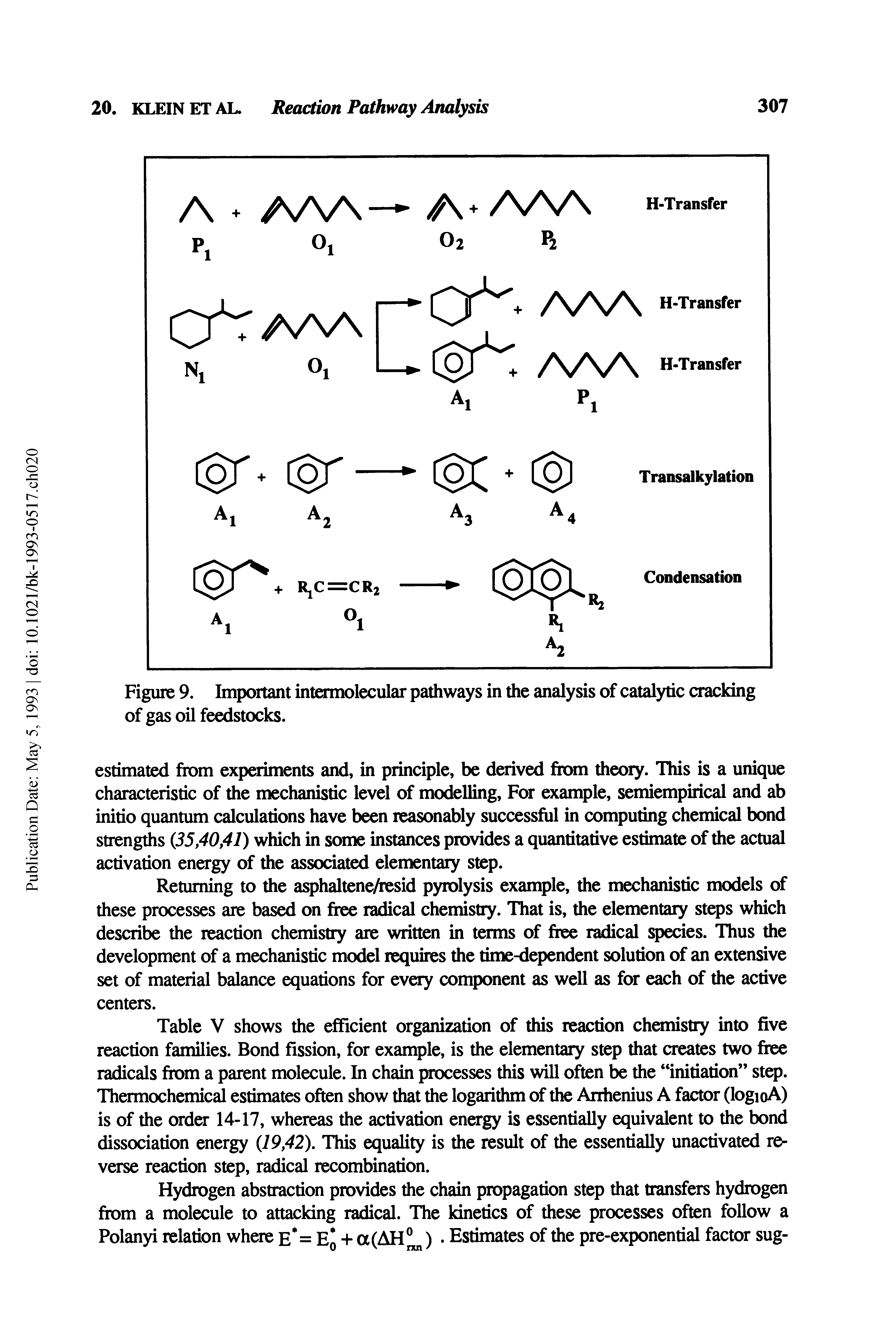 Table V shows the efficient organization of this reaction chemistry into five reaction families. Bond fission, for example, is the elementary step that creates two free radicals from a parent molecule. In chain processes this will often be the initiation step. Thermochemical estimates often show that the logarithm of the Arrhenius A factor (logioA) is of the order 14-17, whereas the activation energy is essentially equivalent to the bond dissociation energy (19,42). This equality is the result of the essentially unactivated reverse reaction step, radical recombination.