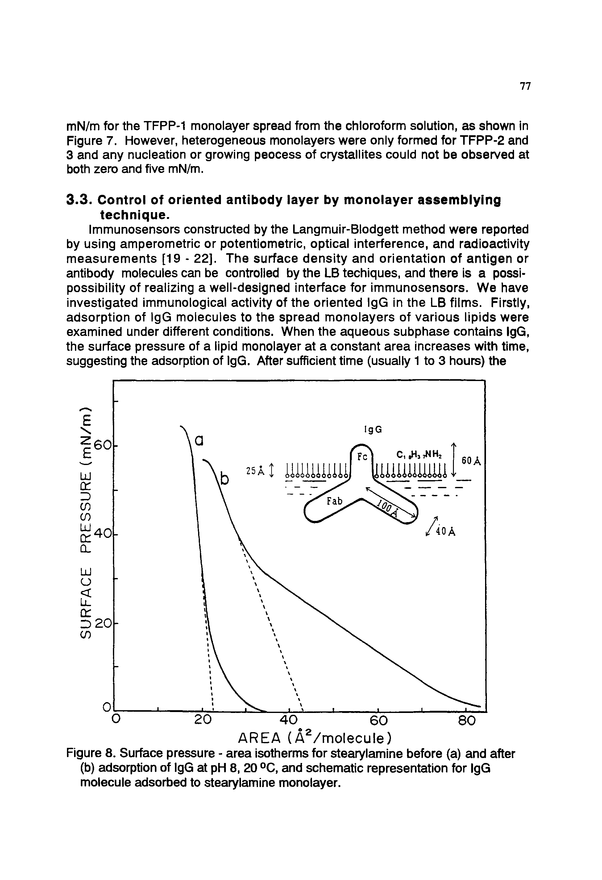 Figure 8. Surface pressure - area isotherms for stearylamine before (a) and after (b) adsorption of IgG at pH 8, 20 °C, and schematic representation for IgG molecule adsorbed to stearylamine monolayer.