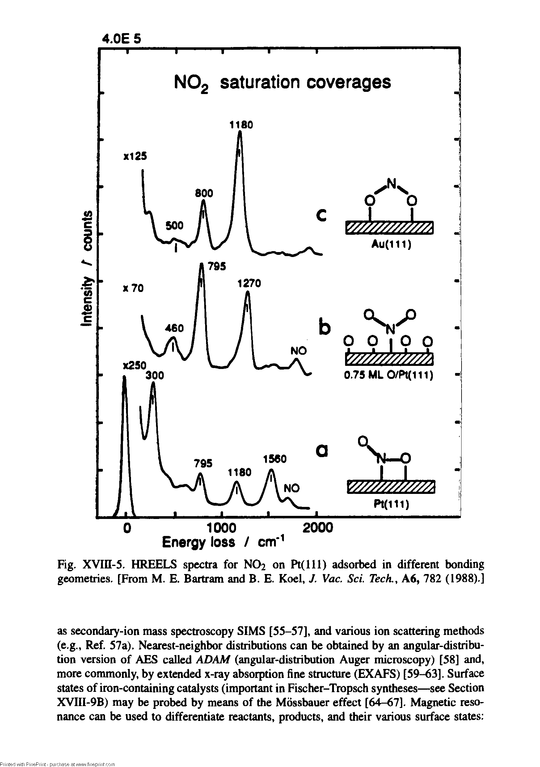 Fig. XVin-5. HREELS spectra for NO2 on Pt(lll) adsorbed in different bonding geometries. [From M. E. Bartram and B. E. Koel, / Vac. Sci. Tech., A6, 782 (1988).]...