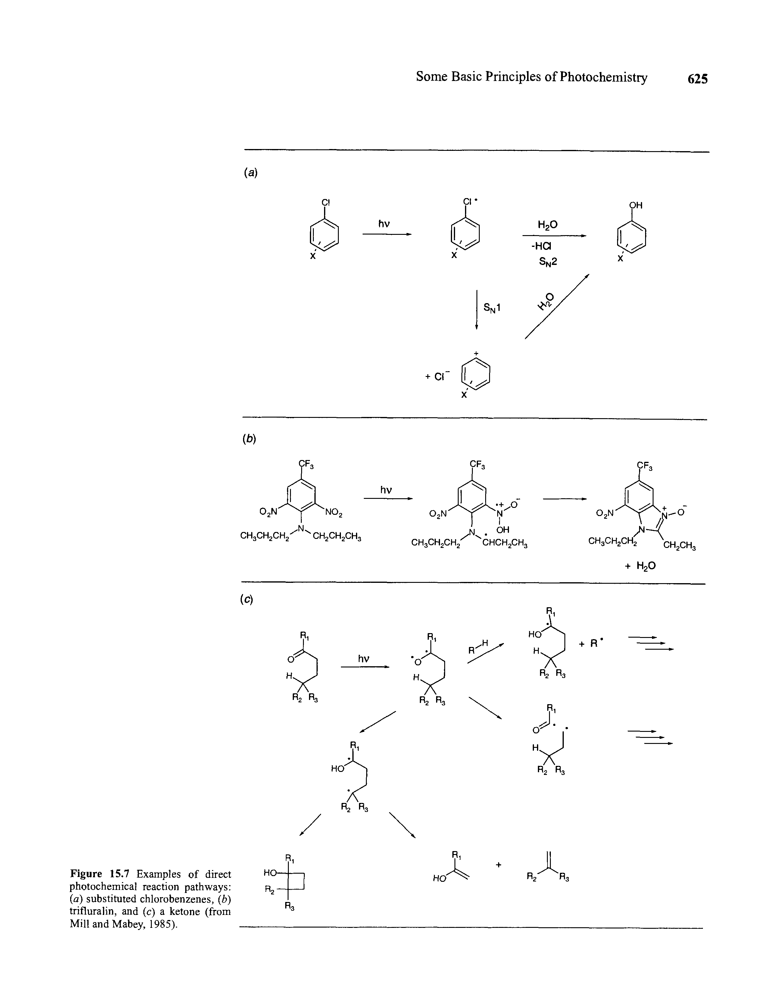 Figure 15.7 Examples of direct photochemical reaction pathways (a) substituted chlorobenzenes, (b) trifluralin, and (c) a ketone (from Mill and Mabey, 1985).