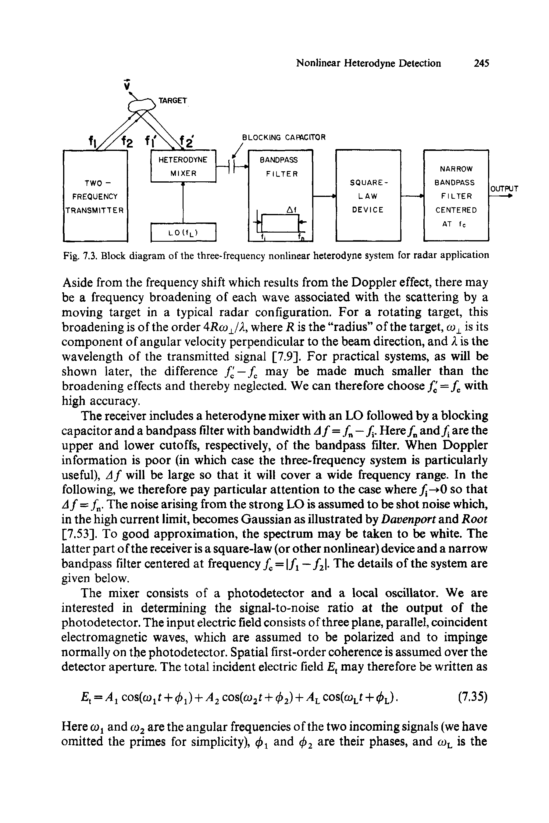 Fig. 7.3. Block diagram of the three-frequency nonlinear heterodyne system for radar application...