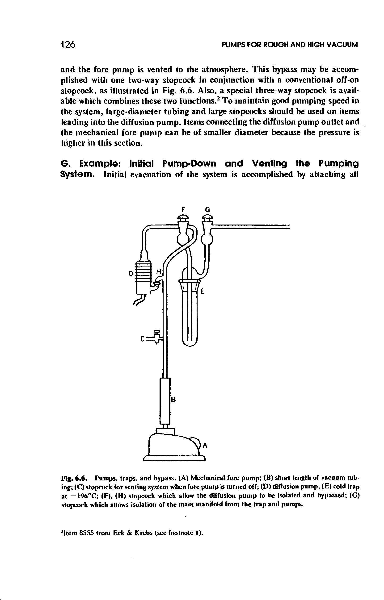Fig. 6.6. Pumps, traps, and bypass. (A) Mechanical fore pump (B) short length of vacuum tubing (C) stopcock for venting system when fore pump is turned off (D) diffusion pump (E) cold trap at — 196°C (F), (H) stopcock which allow the diffusion pump to be isolated and bypassed (G) stopcock which allows isolation of the main manifold from the trap and pumps.