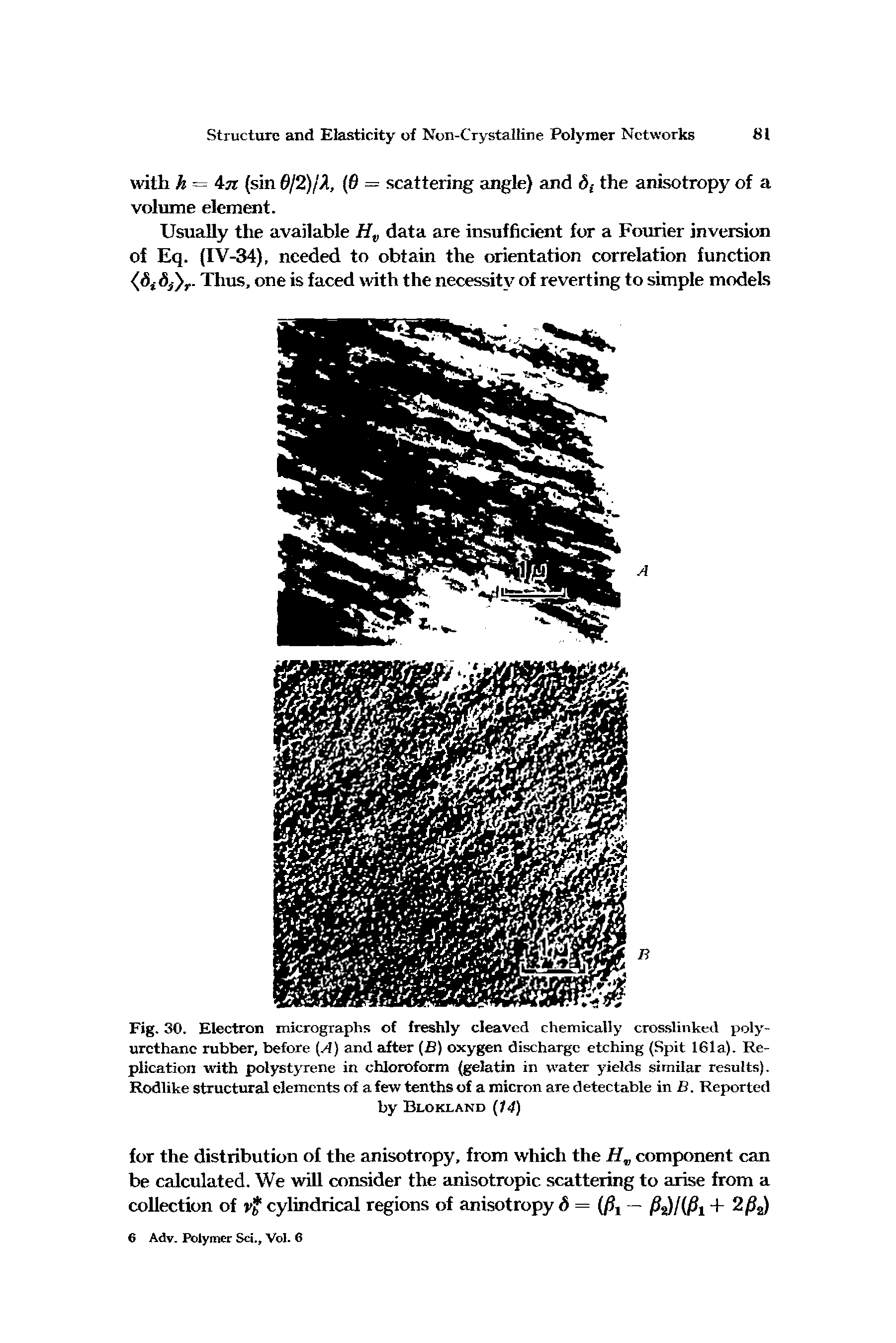 Fig. 30. Electron micrographs of freshly cleaved chemically crosslinked polyurethane rubber, before (.4) and after (B) oxygen discharge etching (Spit 161a). Replication with polystyrene in chloroform (gelatin in water yields similar results). Rodlike structural elements of a few tenths of a micron are detectable in B. Reported...