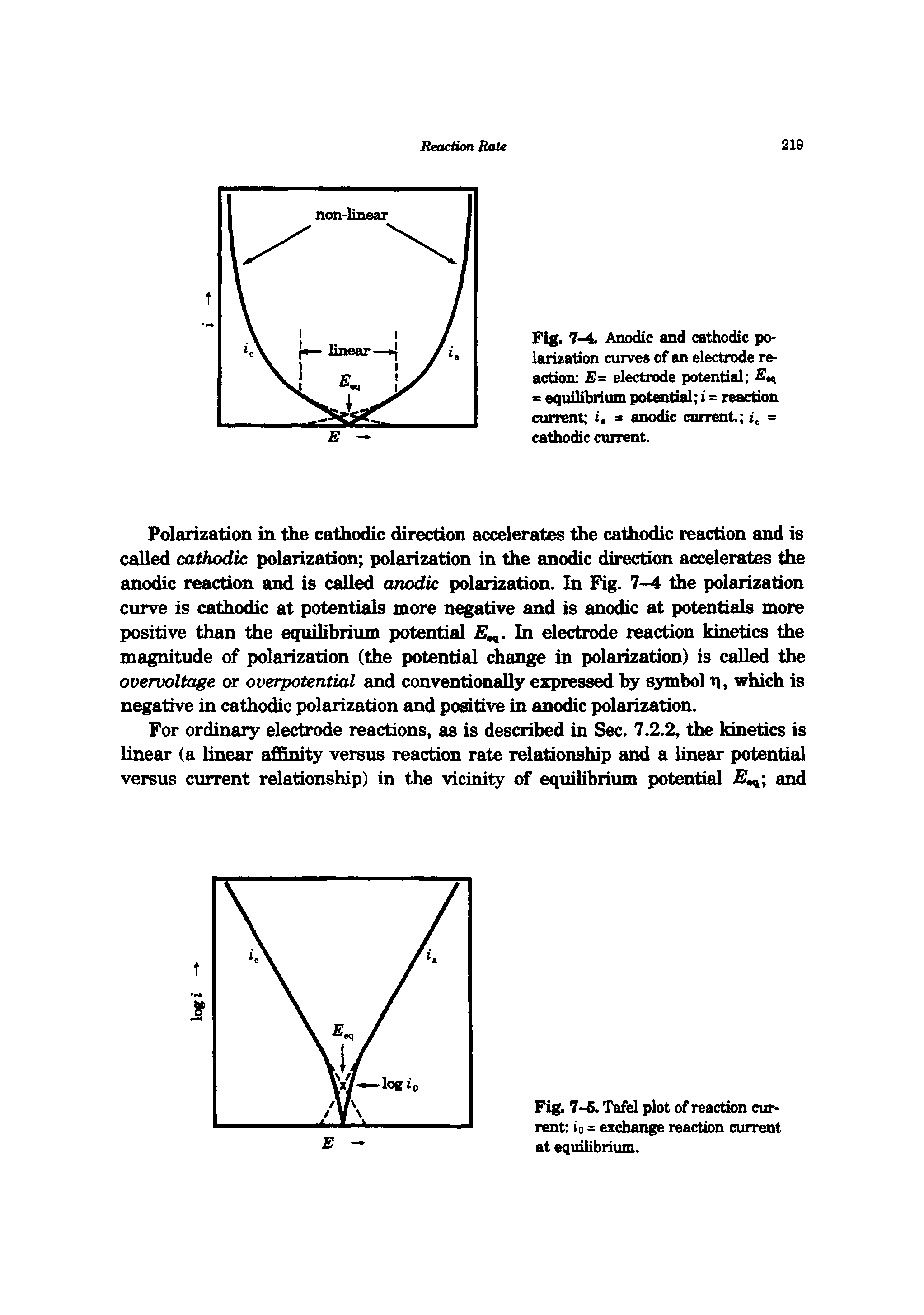 Fig. 7-4. Anodic and cathodic polarization curves of an electrode reaction E= electrode potential ...