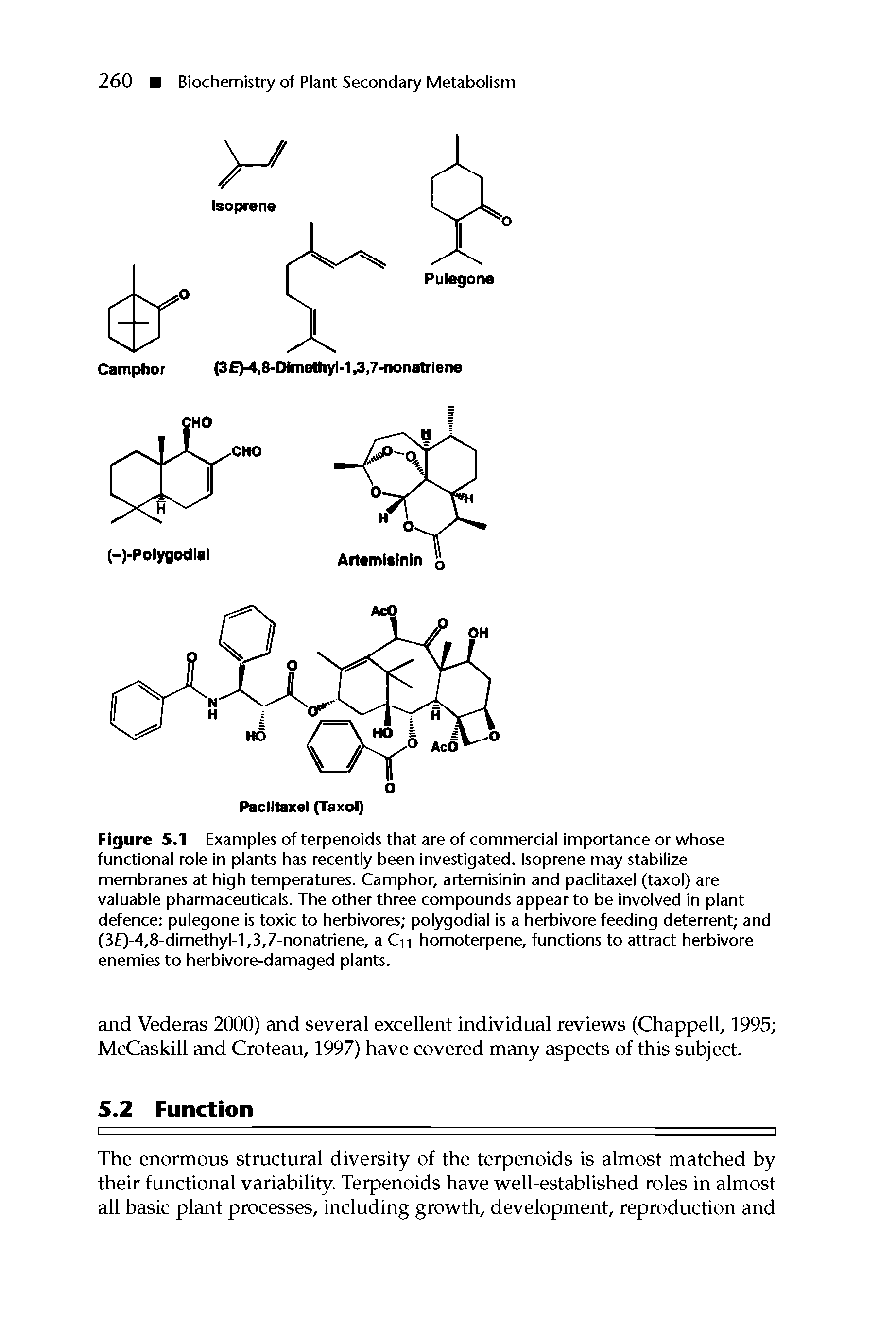 Figure 5.1 Examples of terpenoids that are of commercial importance or whose functional role in plants has recently been investigated. Isoprene may stabilize membranes at high temperatures. Camphor, artemisinin and paclitaxel (taxol) are valuable pharmaceuticals. The other three compounds appear to be involved in plant defence pulegone is toxic to herbivores polygodial is a herbivore feeding deterrent and (3 )-4,8-dimethyl-1,3,7-nonatriene, a Cn homoterpene, functions to attract herbivore enemies to herbivore-damaged plants.