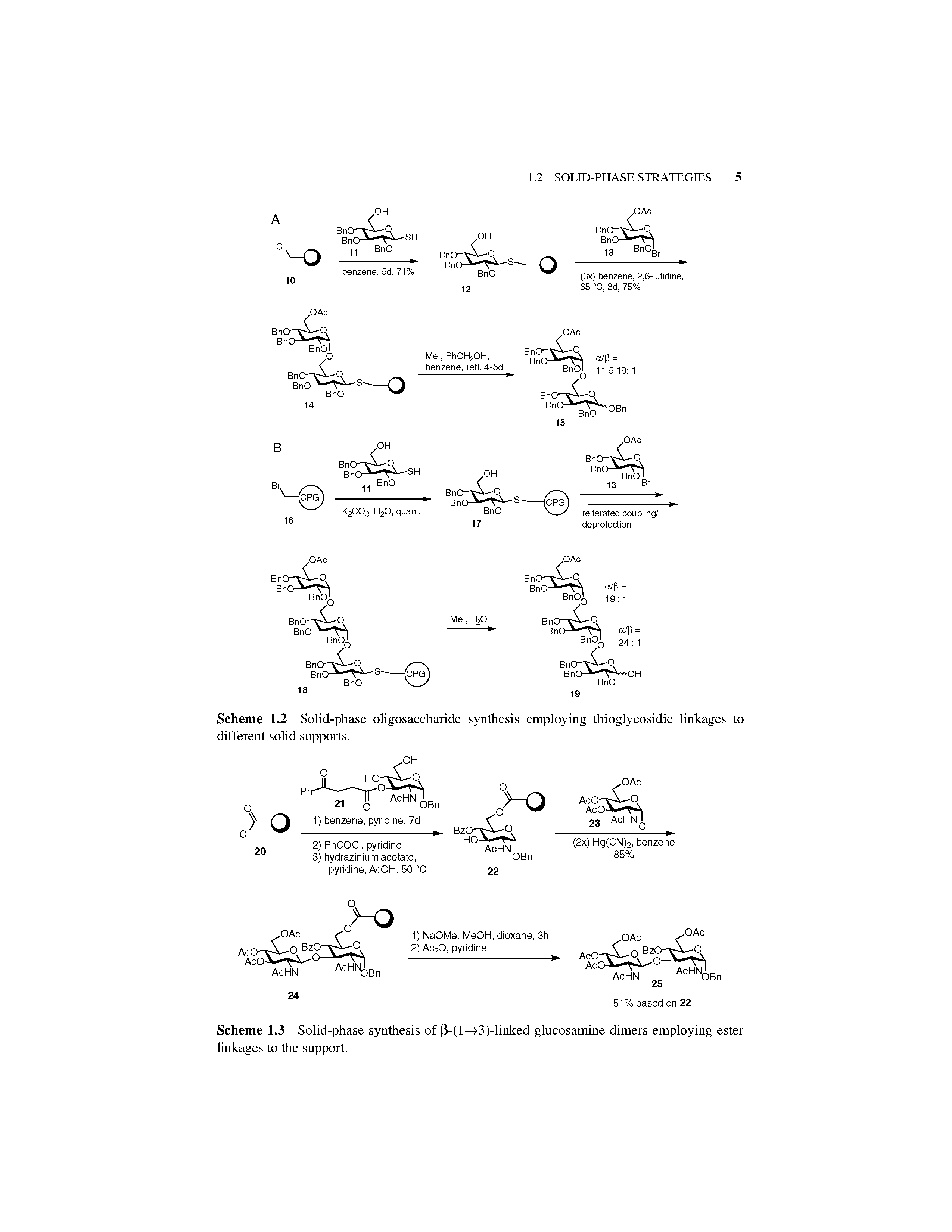 Scheme 1.2 Solid-phase oligosaccharide synthesis employing thioglycosidic linkages to different solid supports.