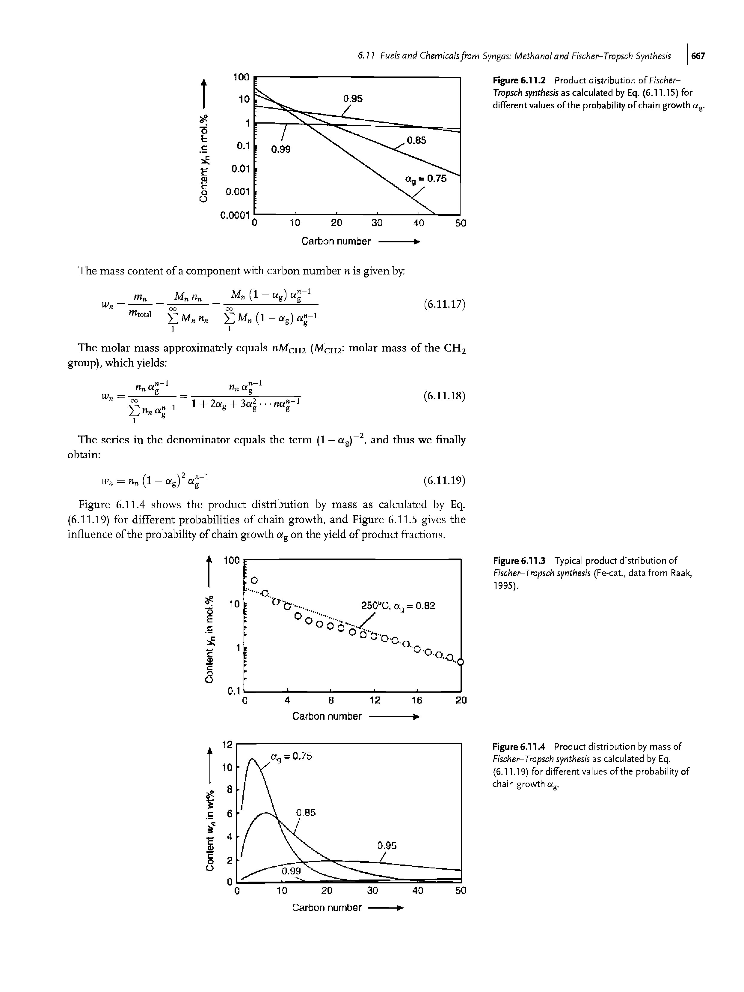 Figure 6.11.2 Product distribution of Fischer-Tropsch synthesis as calculated by Eq. (6.11.15) for different values of the probability of chain growth a. ...