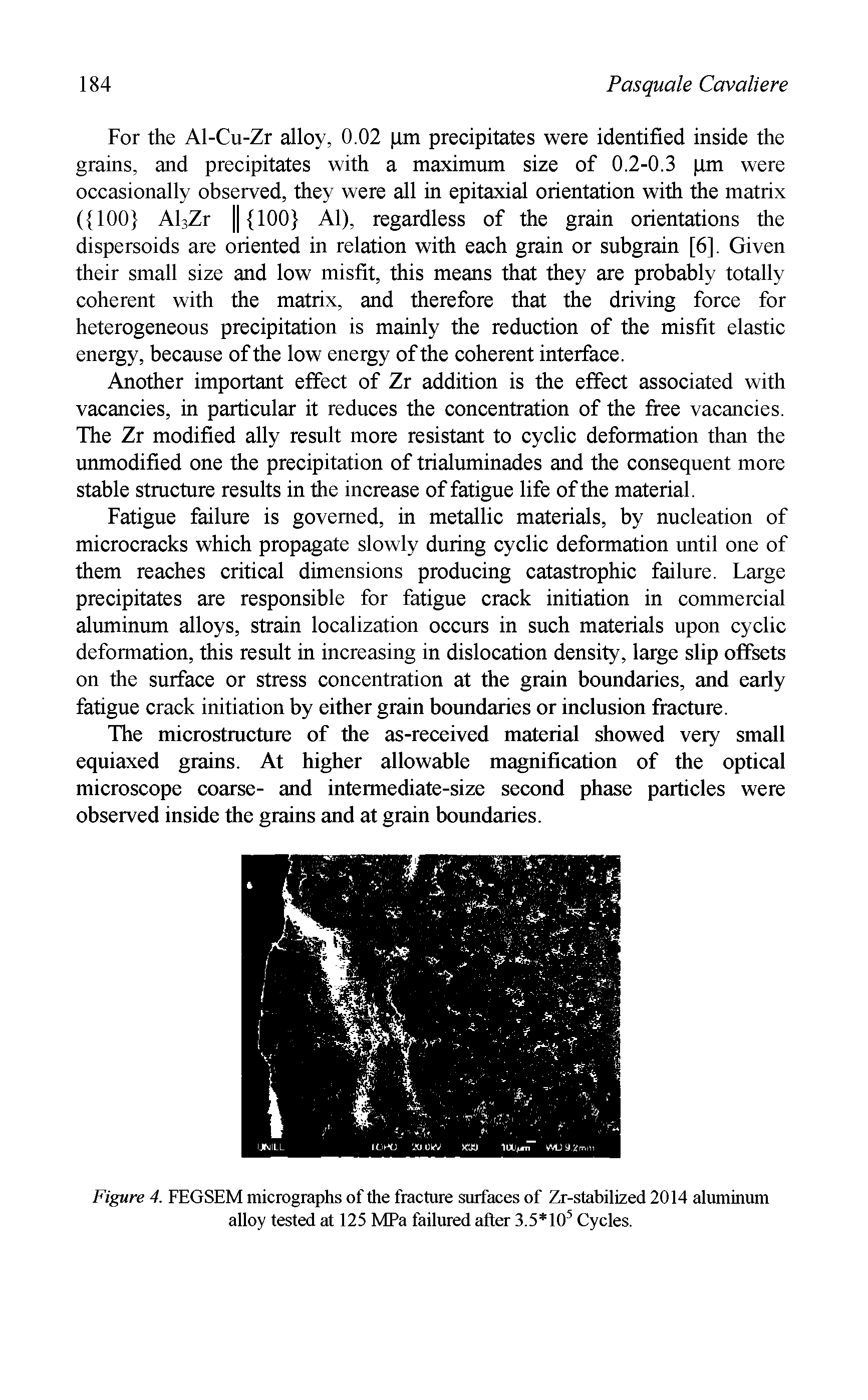 Figure 4. FEGSEM micrographs of the fracture surfaces of Zr-stabilized 2014 aluminum alloy tested at 125 MPa failured after 3.5 105 Cycles.