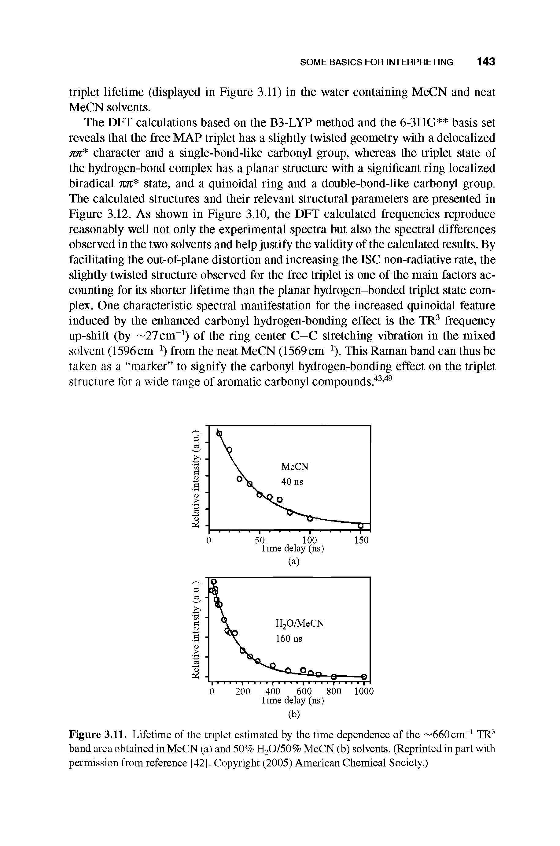 Figure 3.11. Lifetime of the triplet estimated by the time dependence of the 660cm TR band area obtained in MeCN (a) and 50% H2O/50% MeCN (b) solvents. (Reprinted in part with permission from reference [42]. Copyright (2005) American Chemical Society.)...