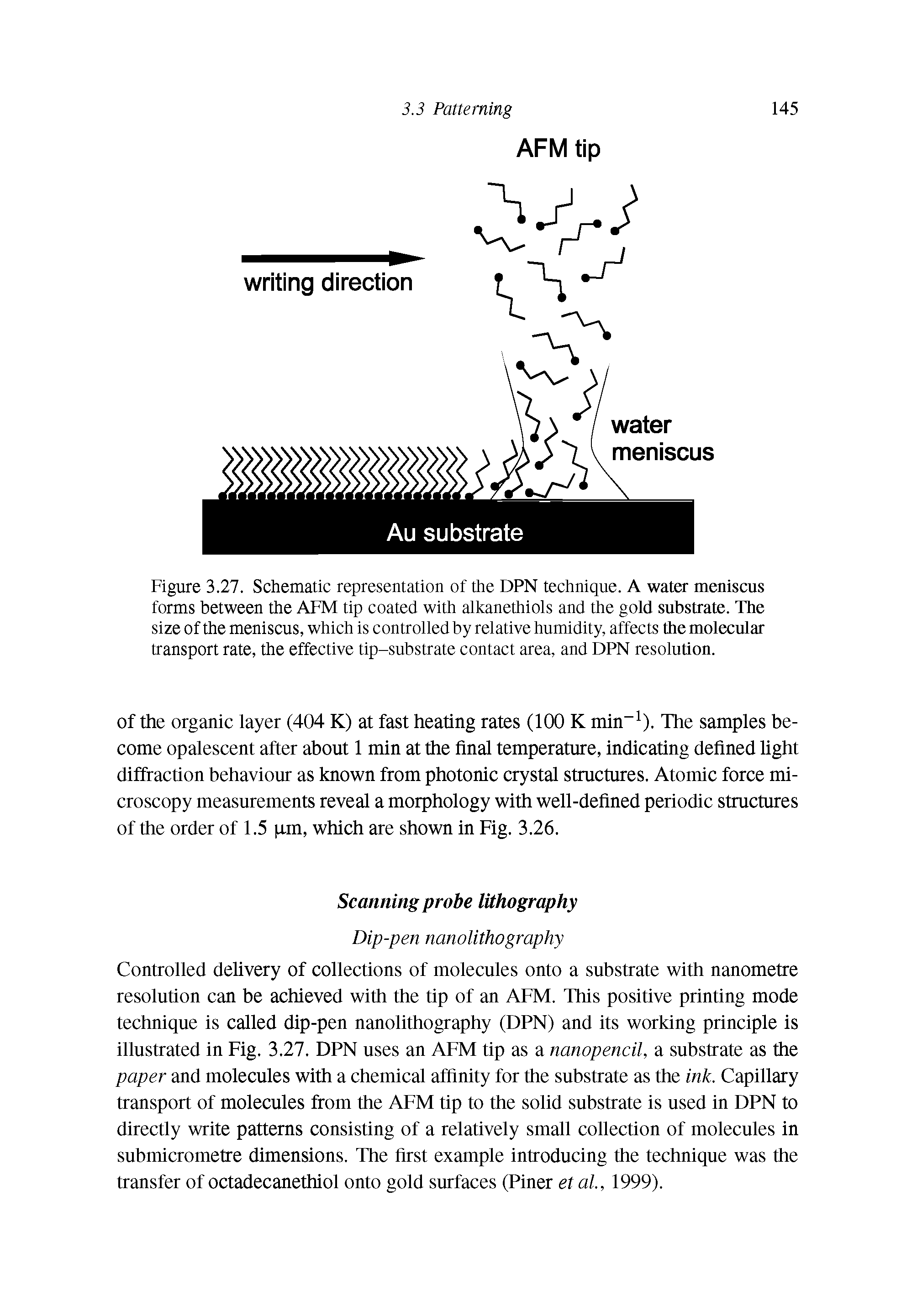 Figure 3.27. Schematic representation of the DPN technique. A water meniscus forms between the AFM tip coated with alkanethiols and the gold substrate. The size of the meniscus, which is controlled by relative humidity, affects the molecular transport rate, the effective tip-substrate contact area, and DPN resolution.