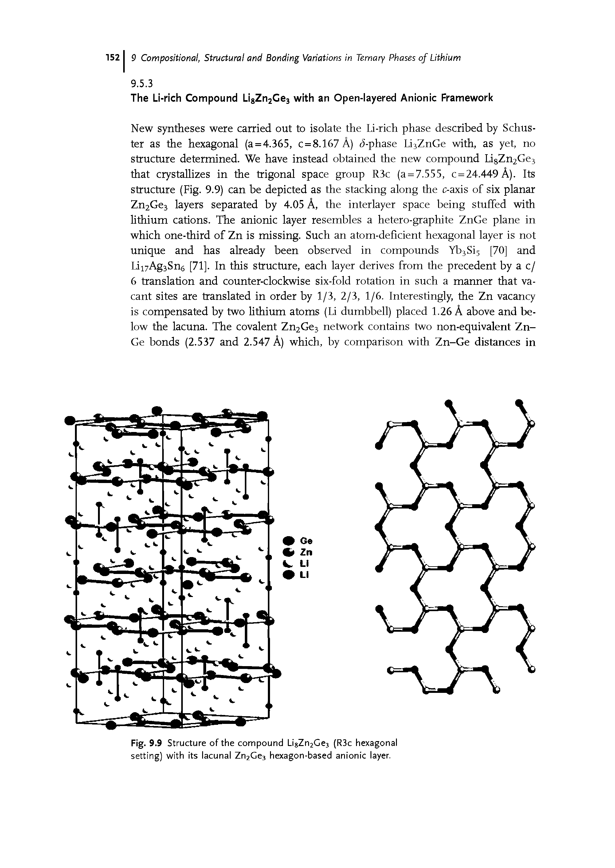 Fig. 9.9 Structure of the compound Li8Zn2Ge3 (R3c hexagonal setting) with its lacunal Zn2Ge3 hexagon-based anionic layer.