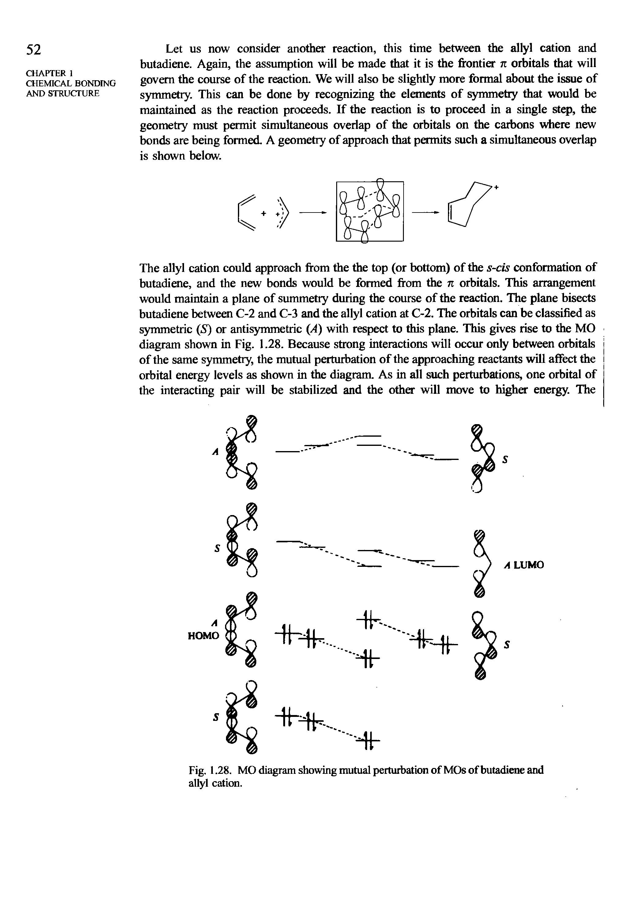 Fig. 1.28. MO diagram showing mutual perturbation of MOs of butadiene and allyl cation.