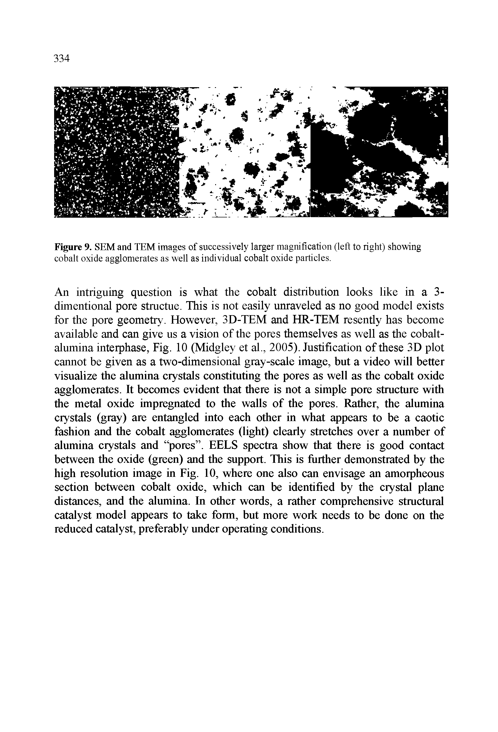 Figure 9. SEM and TEM images of successively larger magnification (left to right) showing cobalt oxide agglomerates as well as individual cobalt oxide particles.