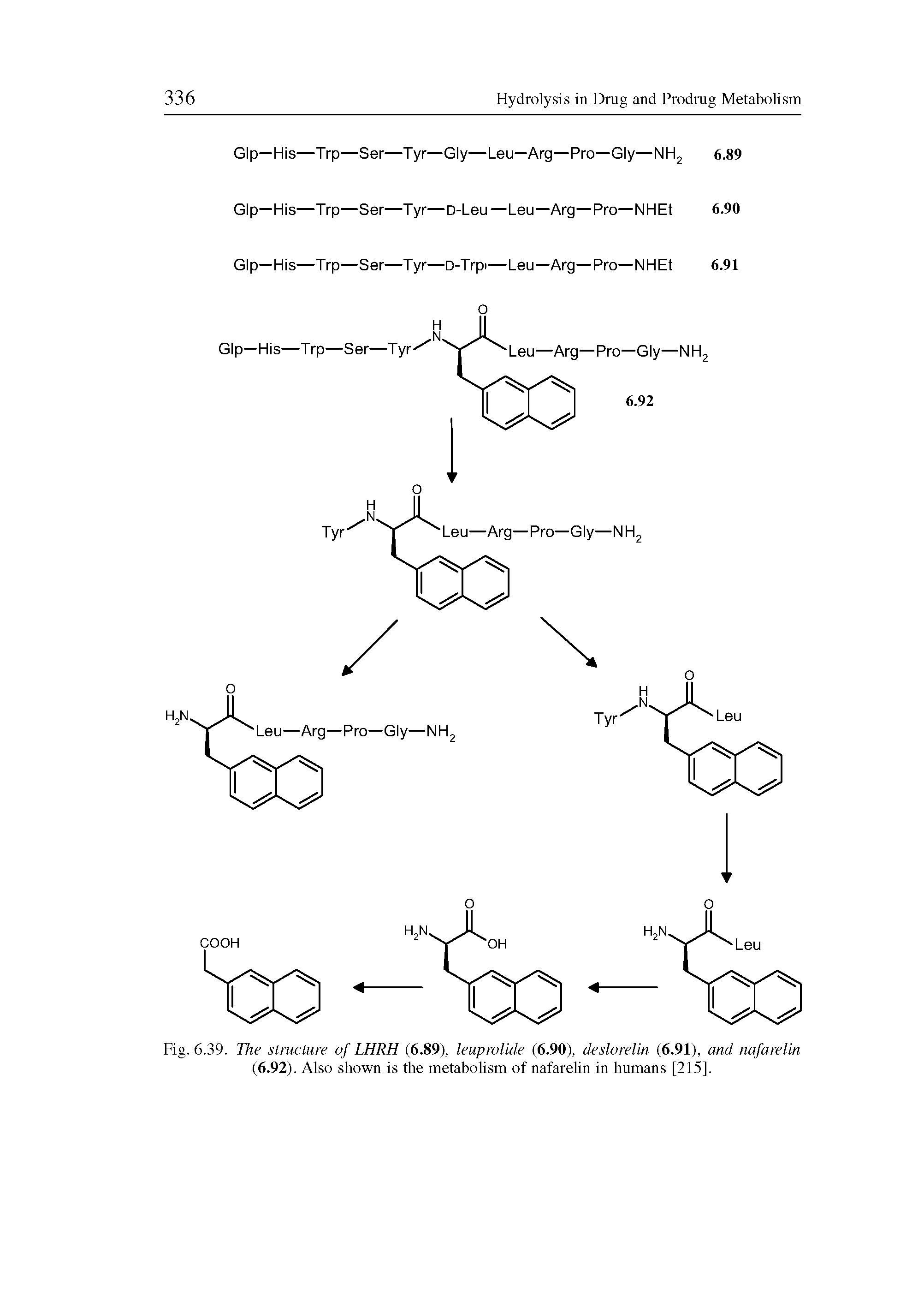 Fig. 6.39. The structure of LHRH (6.89), leuprolide (6.90), deslorelin (6.91), and nafarelin (6.92). Also shown is the metabolism of nafarelin in humans [215].