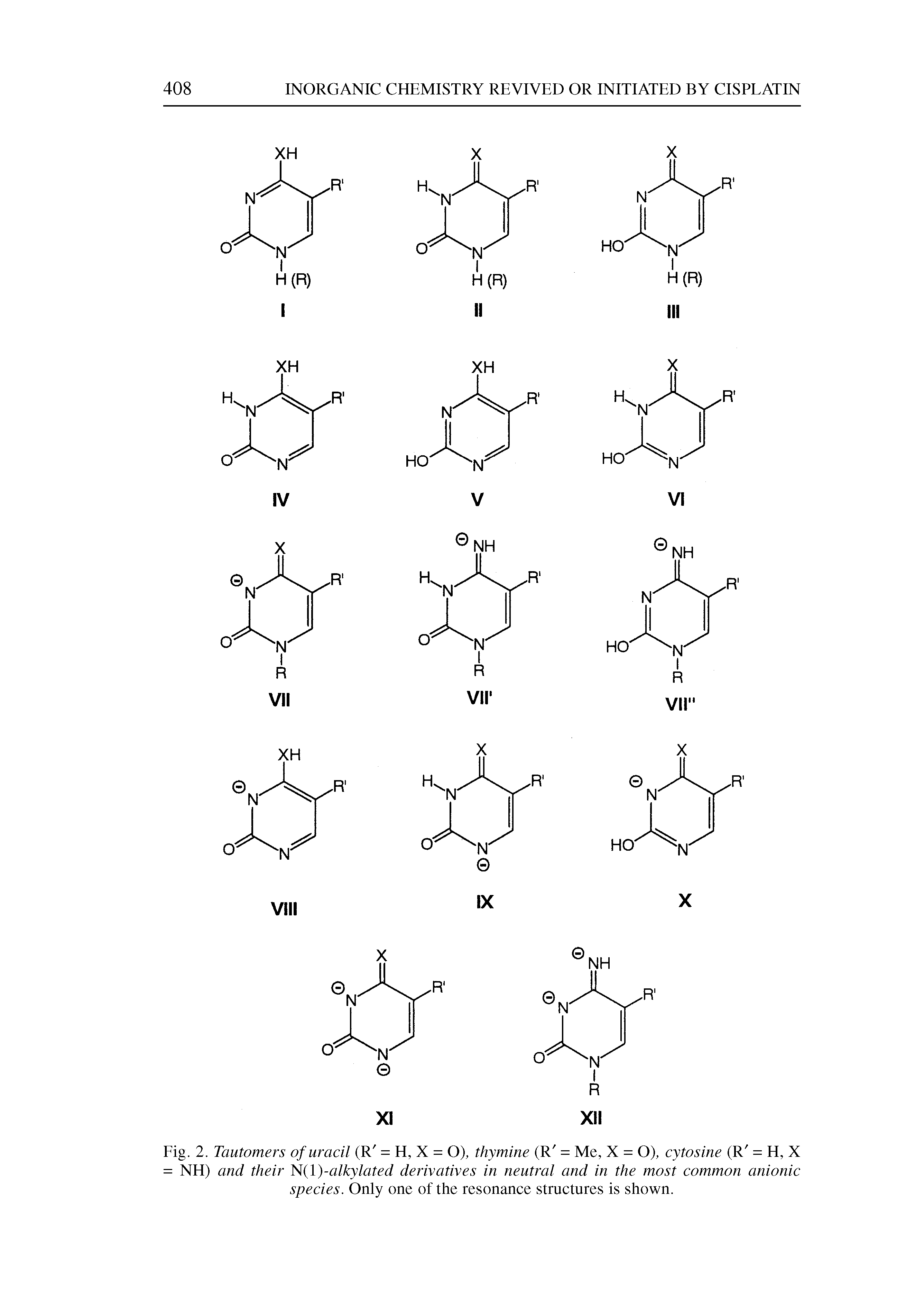 Fig. 2. Tautomers of uracil (R = H, X = O), thymine (R = Me, X = O), cytosine (R = H, X = NH) and their N(1 )-alkylated derivatives in neutral and in the most common anionic species. Only one of the resonance structures is shown.