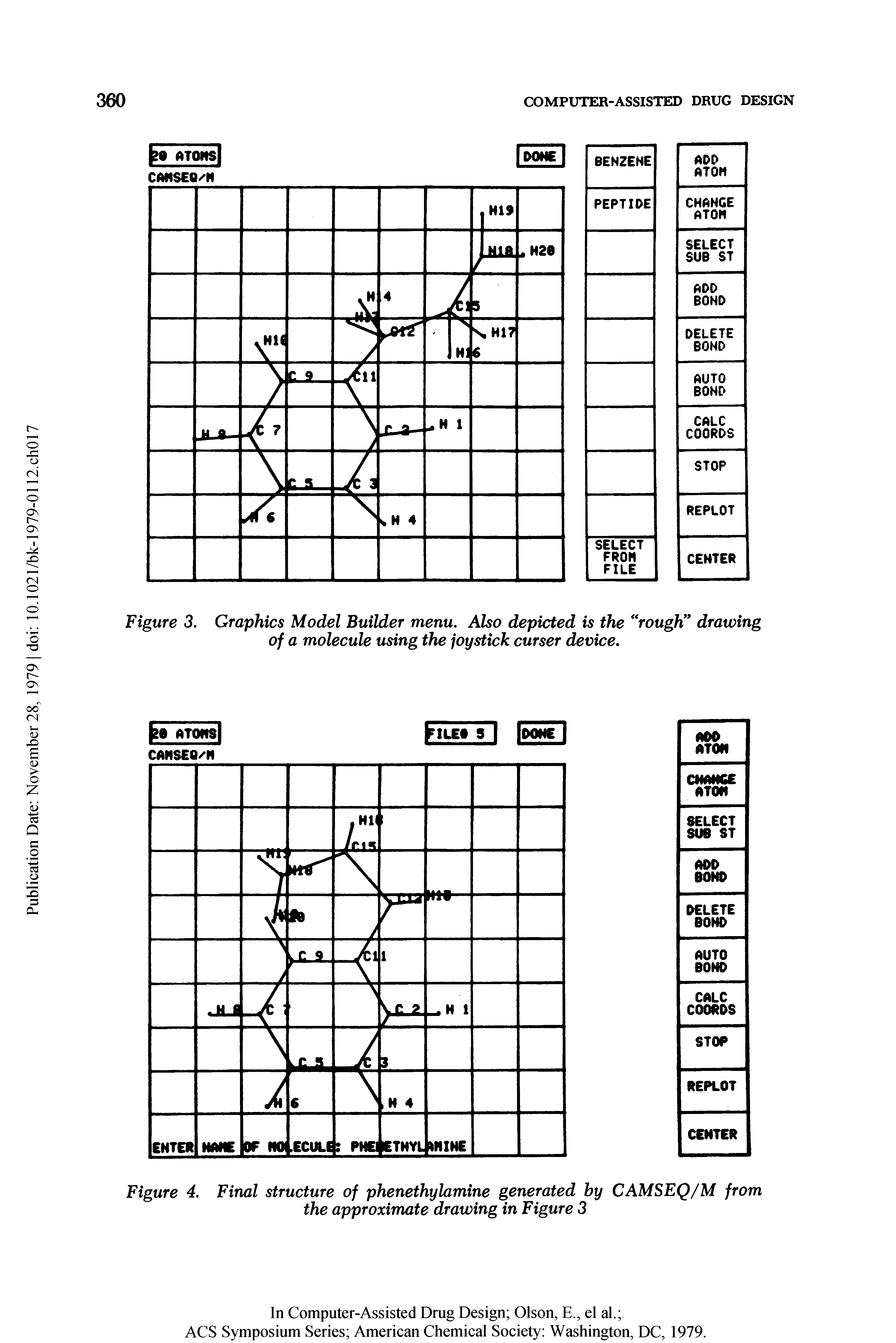 Figure 3. Graphics Model Builder menu. Also depicted is the rough drawing of a molecule using the joystick curser device.