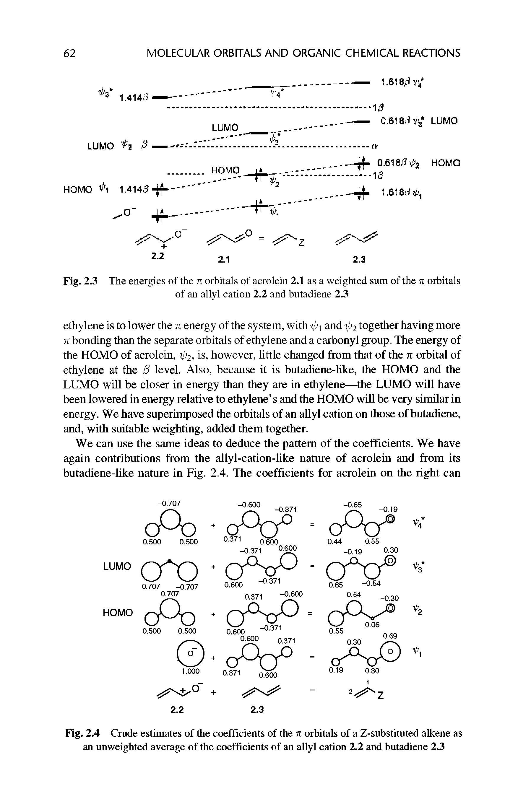 Fig. 2.4 Crude estimates of the coefficients of the n orbitals of a Z-substituted alkene as an unweighted average of the coefficients of an allyl cation 2.2 and butadiene 2.3...