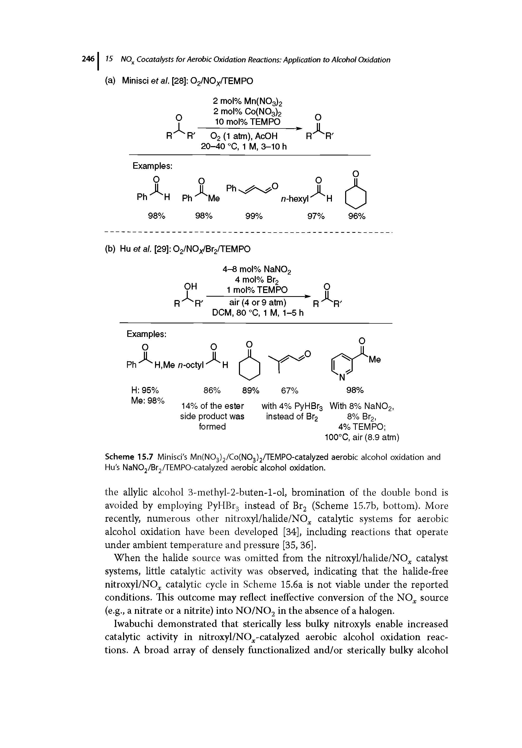 Scheme 15.7 Minisd s MntNOjIj/CotNOjjj/TEMPO-catalyzed aerobic alcohol oxidation and Hu s NaNOj/Brj/TEMPO-catalyzed aerobic alcohol oxidation.
