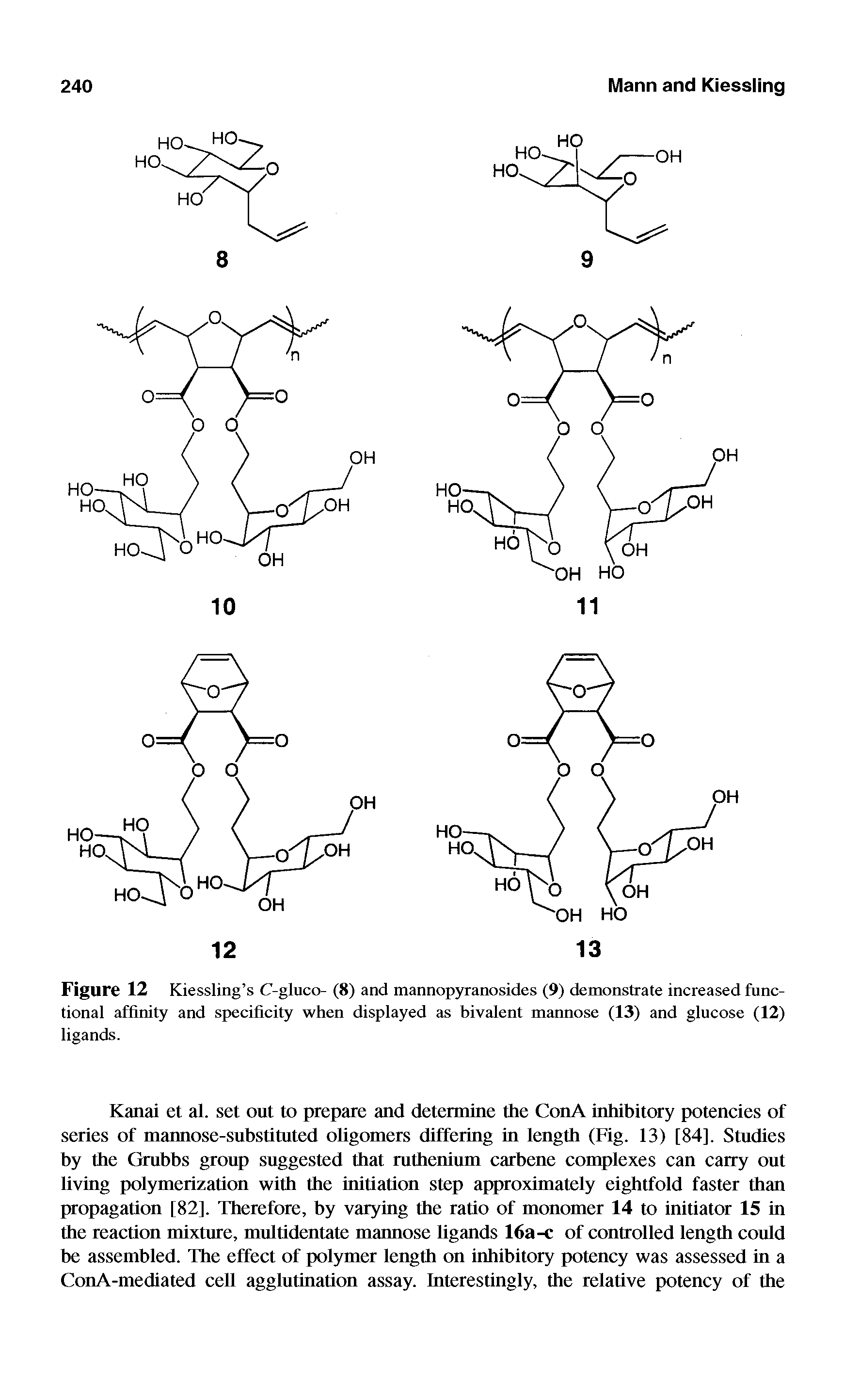 Figure 12 Kiessling s C-gluco- (8) and mannopyranosides (9) demonstrate increased functional affinity and specificity when displayed as bivalent mannose (13) and glucose (12) ligands.