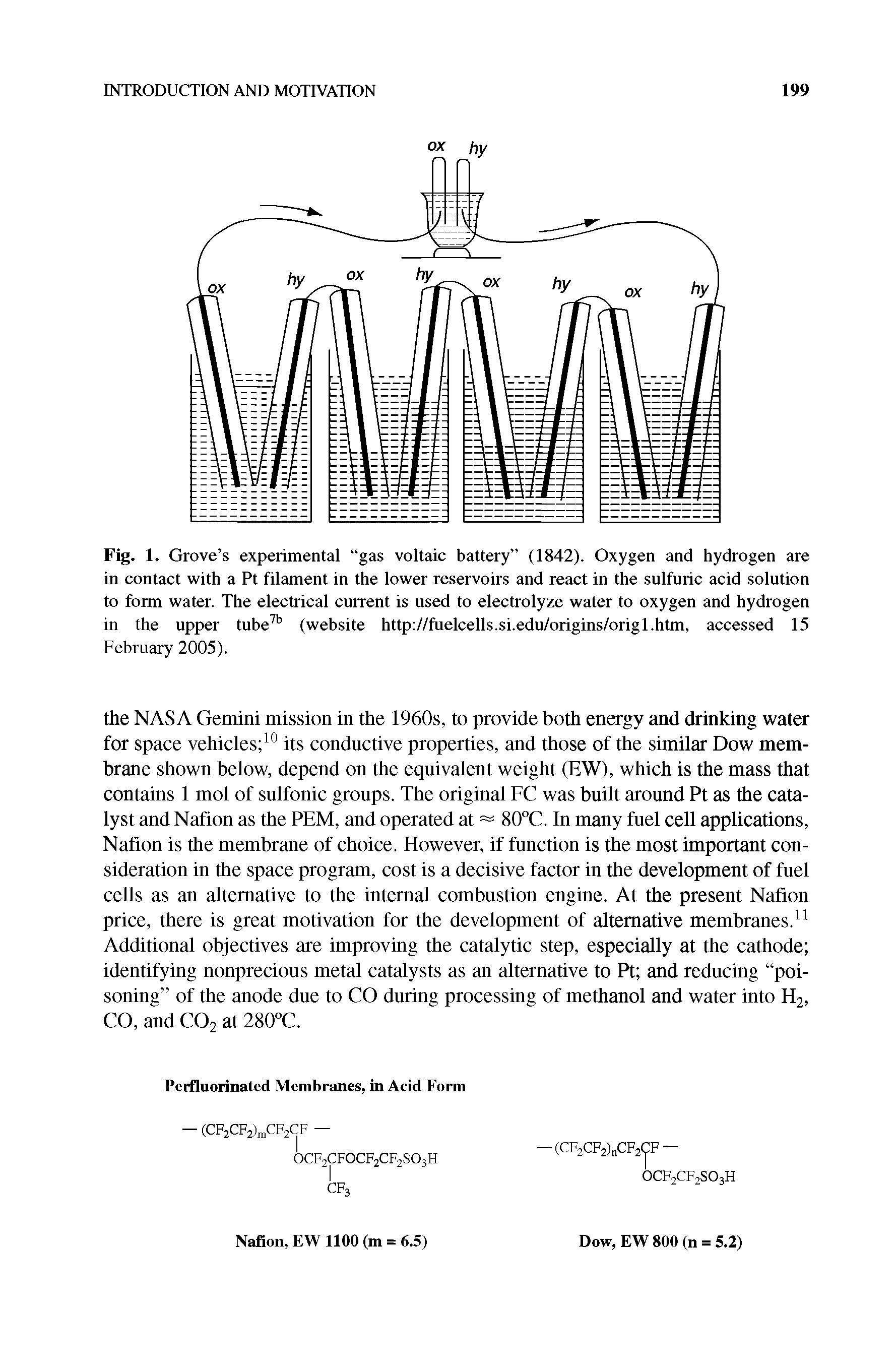 Fig. 1. Grove s experimental gas voltaic battery (1842). Oxygen and hydrogen are in contact with a Pt filament in the lower reservoirs and react in the sulfuric acid solution to form water. The electrical current is used to electrolyze water to oxygen and hydrogen in the upper tube (website http //fuelcells.si.edu/origins/origl.htm, accessed 15 February 2005).