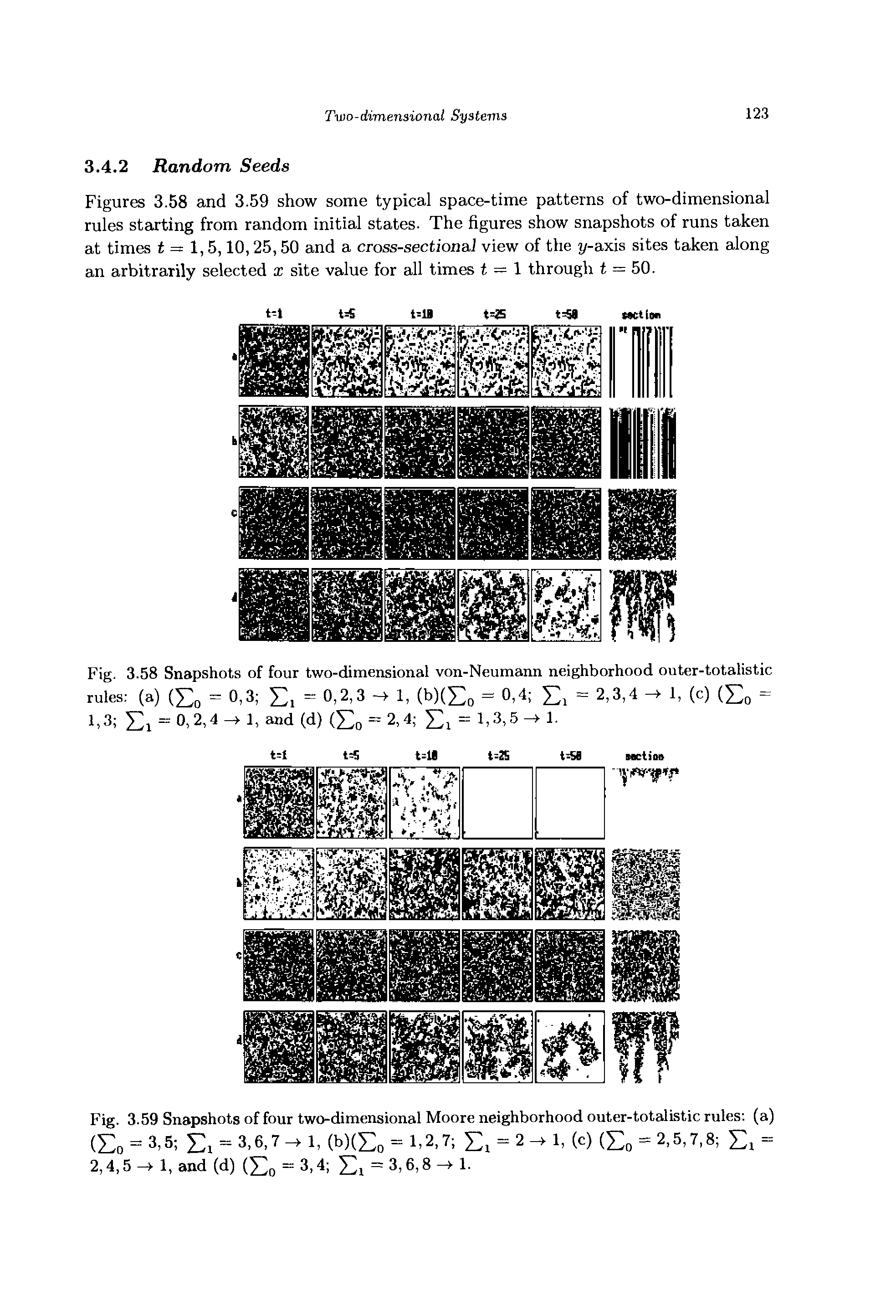 Figures 3.58 and 3.59 show some typical space-time patterns of two-dimensional rules starting from random initial states. The figures show snapshots of runs taken at times i = 1,5,10,25,50 and a cross-sectional view of the y-axis sites taken along an arbitrarily selected x site value for all times t = 1 through t = 50.