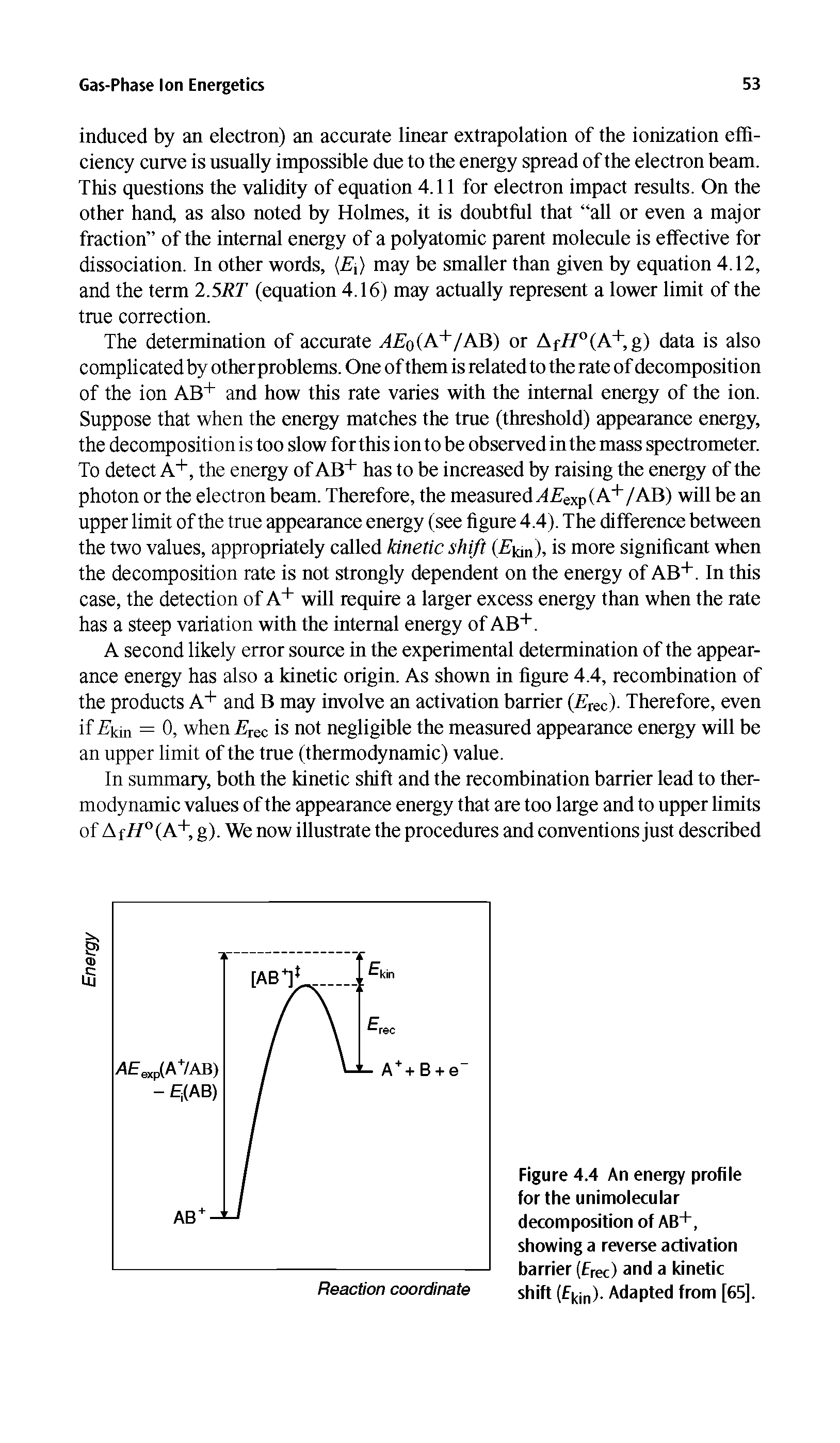 Figure 4.4 An energy profile for the unimolecular decomposition of AB+, showing a reverse activation barrier (free) and a kinetic shift (fkjn)- Adapted from [65],...