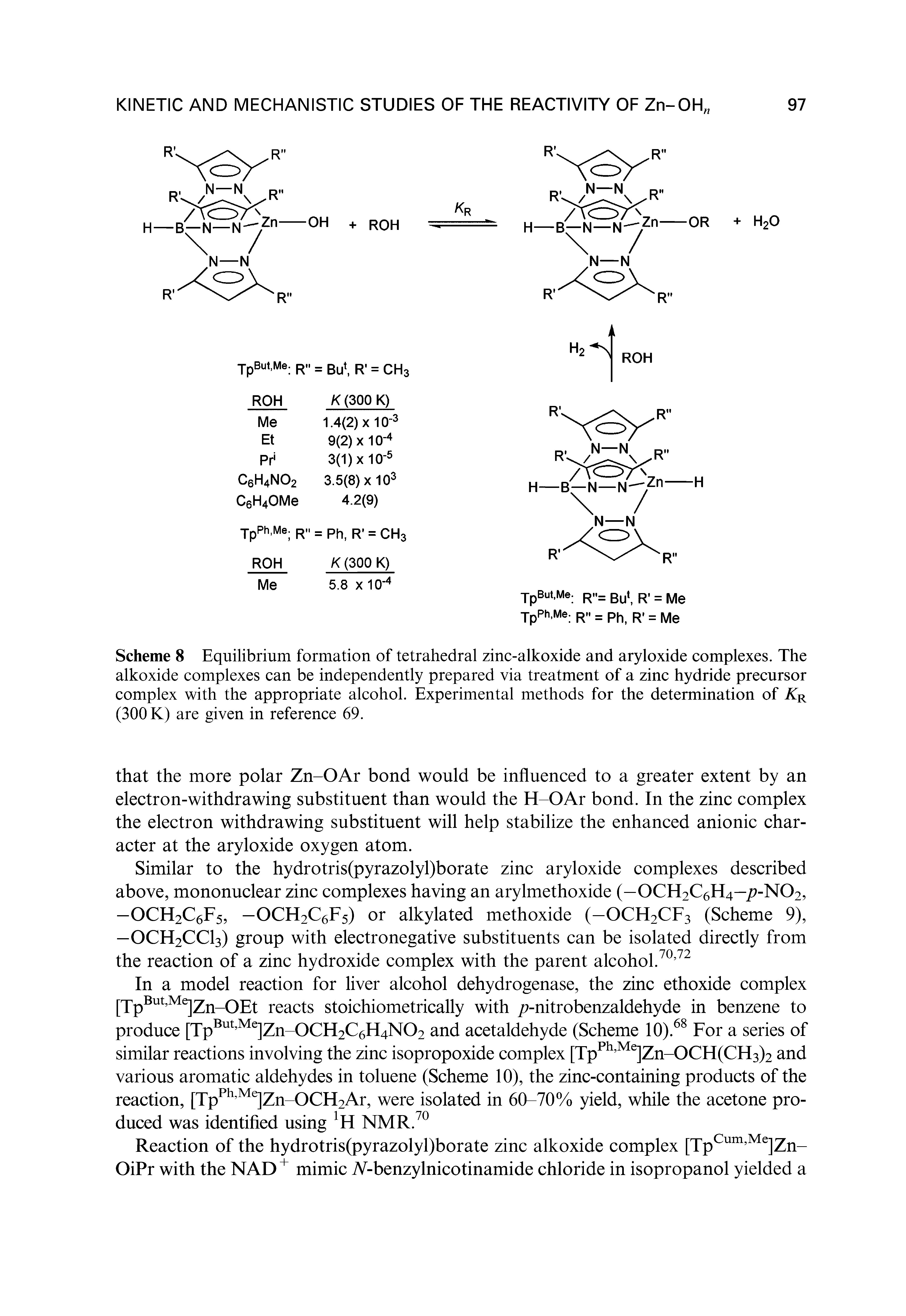 Scheme 8 Equilibrium formation of tetrahedral zinc-alkoxide and aryloxide complexes. The alkoxide complexes can be independently prepared via treatment of a zinc hydride precursor complex with the appropriate alcohol. Experimental methods for the determination of Kk (300 K) are given in reference 69.