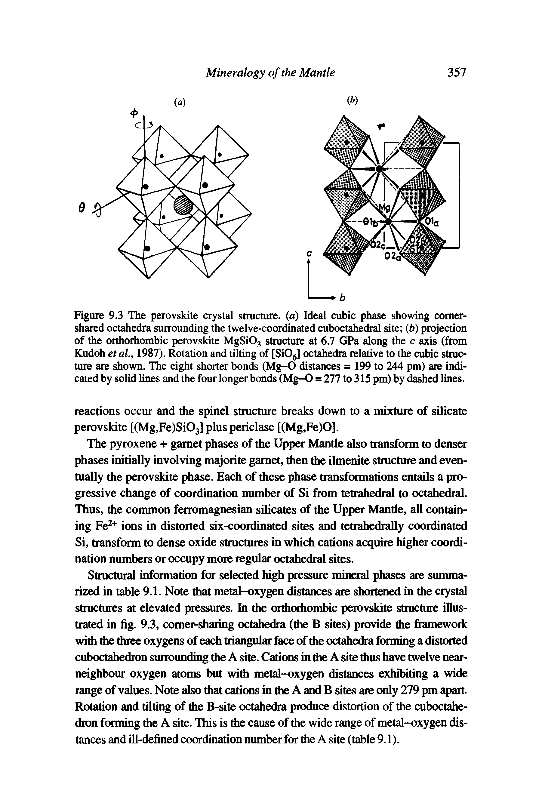 Figure 9.3 The perovskite crystal structure, (a) Ideal cubic phase showing comer-shared octahedra surrounding the twelve-coordinated cuboctahedral site (b) projection of the orthorhombic perovskite MgSi03 structure at 6.7 GPa along the c axis (from Kudoh etal., 1987). Rotation and tilting of [Si06] octahedra relative to the cubic structure are shown. The eight shorter bonds (Mg-0 distances = 199 to 244 pm) are indicated by solid lines and the four longer bonds (Mg-0 = 277 to 315 pm) by dashed lines.