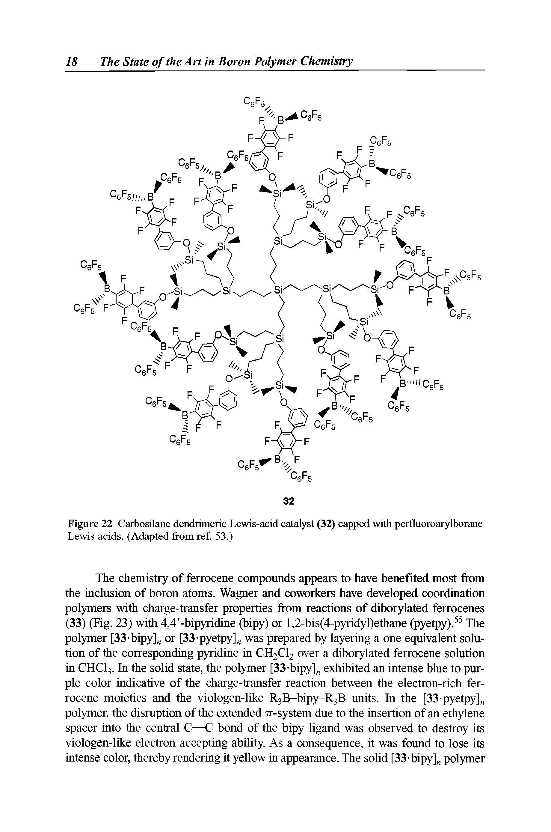 Figure 22 Carbosilane dendrimeric Lewis-acid catalyst (32) capped with perfhioroarylborane Lewis acids. (Adapted from ref. 53.)...
