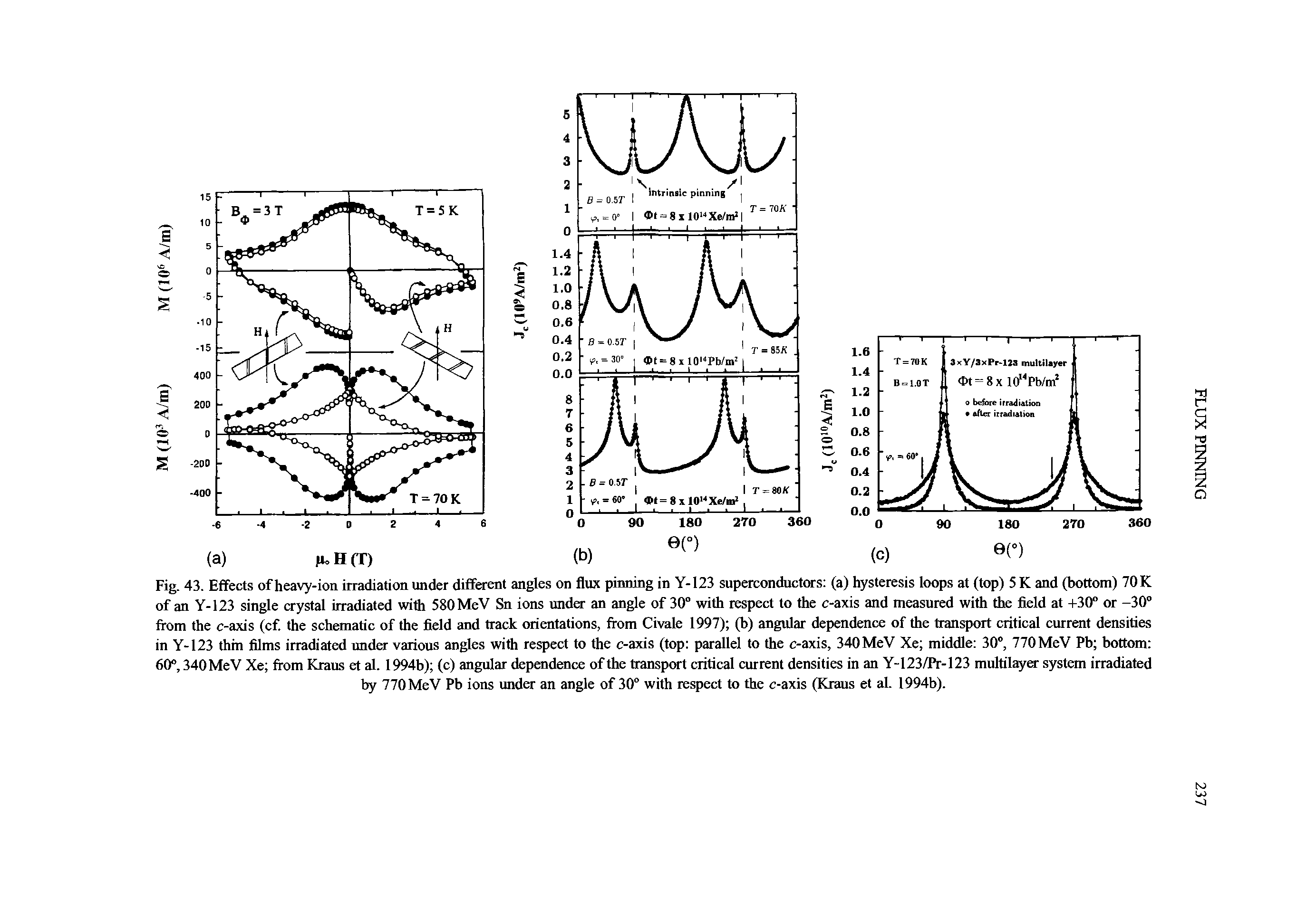 Fig. 43. Effects of heavy-ion irradiation under different angles on flux pinning in Y-I23 superconductors (a) hysteresis loops at (top) 5 K and (bottom) 70 K of an Y-123 single crystal irradiated with 580 MeV Sn ions under an angle of 30° with respect to the c-axis and measured with the field at +30° or -30° from the c-axis (cf. the schematic of the field and track orientations, from Civale 1997) (b) angular dependence of the transport critical current densities in Y-123 thin films irradiated under various angles with respect to the c-axis (top parallel to the c-axis, 340 MeV Xe middle 30°, 770 MeV Pb bottom 60°, 340 MeV Xe from Kraus et al. 1994b) (c) angular dependence of the transport critical current densities in an Y-123/Pr-123 multilayer system irradiated by 770 MeV Pb ions under an angle of 30° with respect to the c-axis (Kraus et al. 1994b).