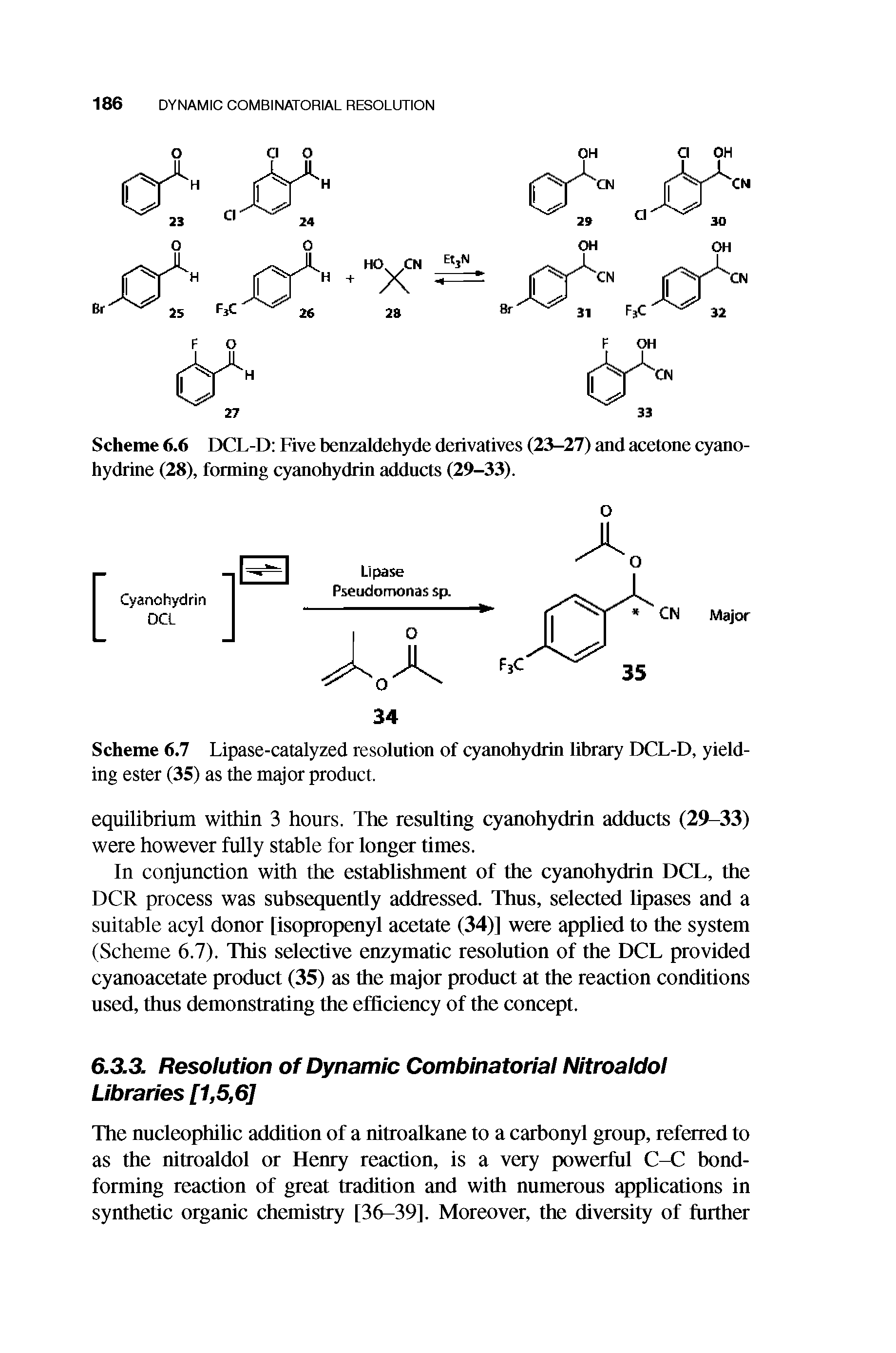 Scheme 6.6 DCL-D Five benzaldehyde derivatives (23-27) and acetone cyano-hydrine (28), forming cyanohydrin adducts (29-33).