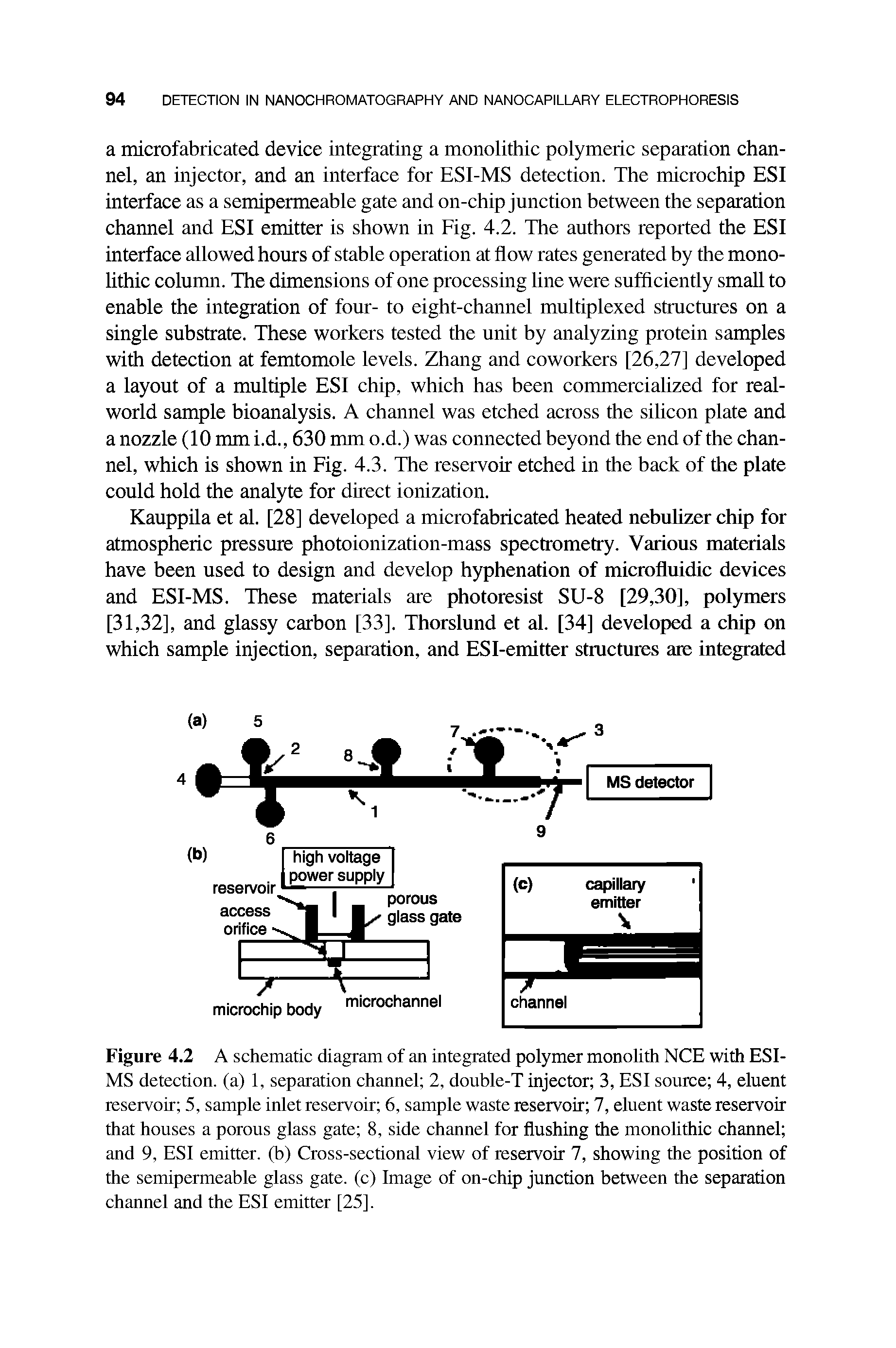 Figure 4.2 A schematic diagram of an integrated polymer monolith NCE with ESI-MS detection, (a) 1, separation channel 2, double-T injector 3, ESI source 4, eluent reservoir 5, sample inlet reservoir 6, sample waste reservoir 7, eluent waste reservoir that houses a porous glass gate 8, side channel for flushing the monolithic channel and 9, ESI emitter, (b) Cross-sectional view of reservoir 7, showing the position of the semipermeable glass gate, (c) Image of on-chip junction between the separation channel and the ESI emitter [25].