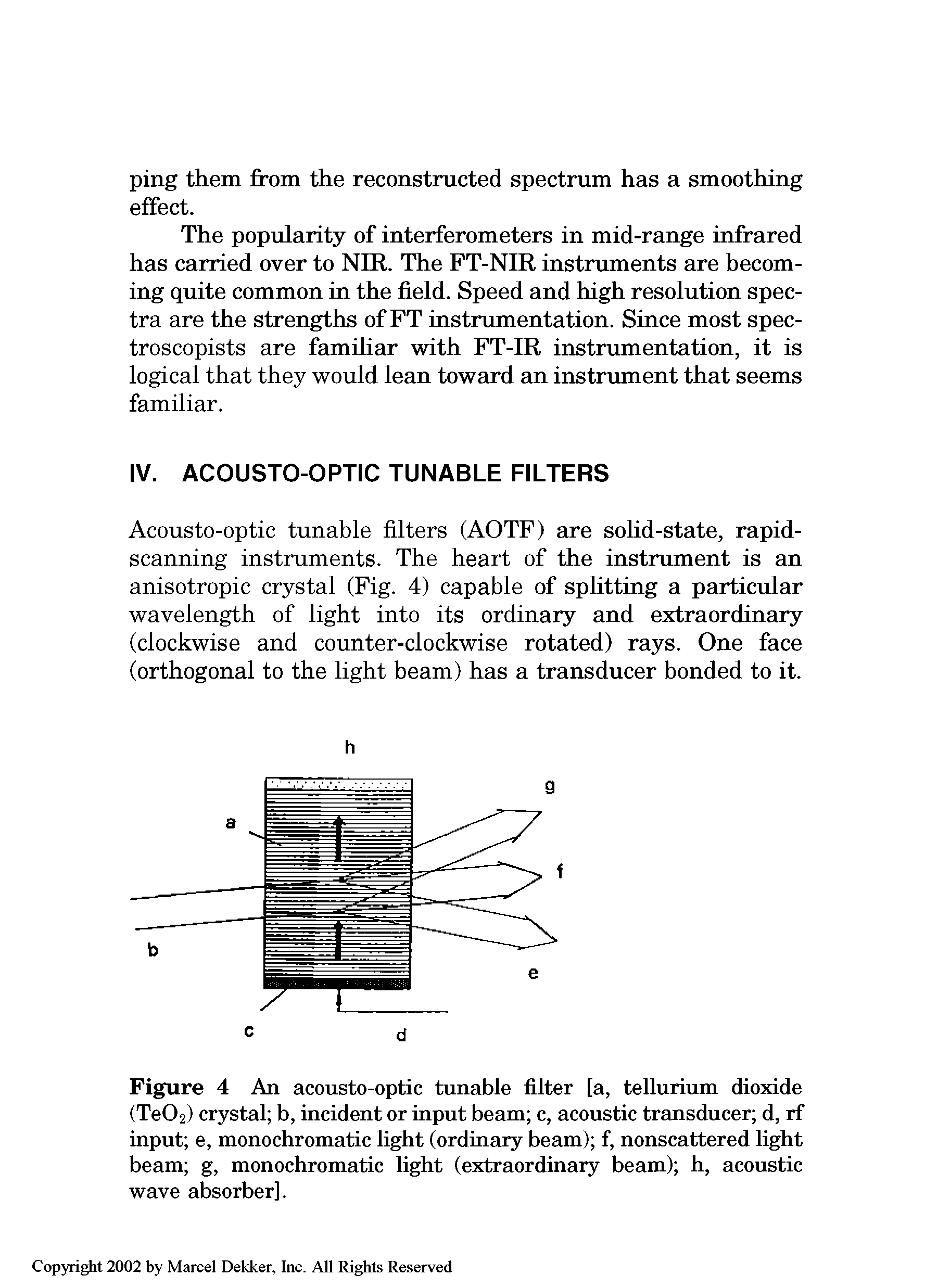 Figure 4 An acousto-optic tunable filter [a, tellurium dioxide (Te02) crystal b, incident or input beam c, acoustic transducer d, rf input e, monochromatic light (ordinary beam) f, nonscattered light beam g, monochromatic light (extraordinary beam) h, acoustic wave absorber].