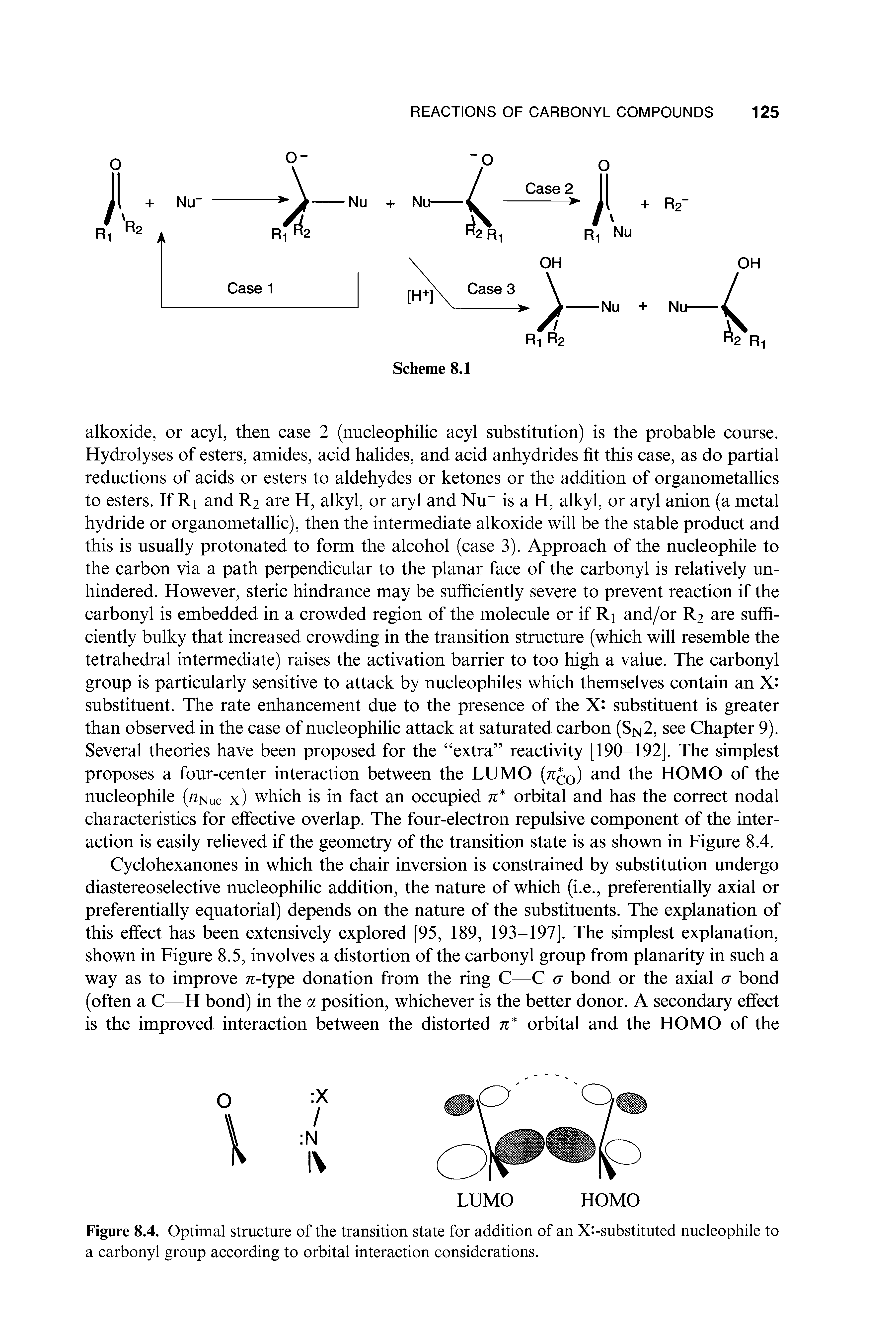 Figure 8.4. Optimal structure of the transition state for addition of an X -substituted nucleophile to a carbonyl group according to orbital interaction considerations.