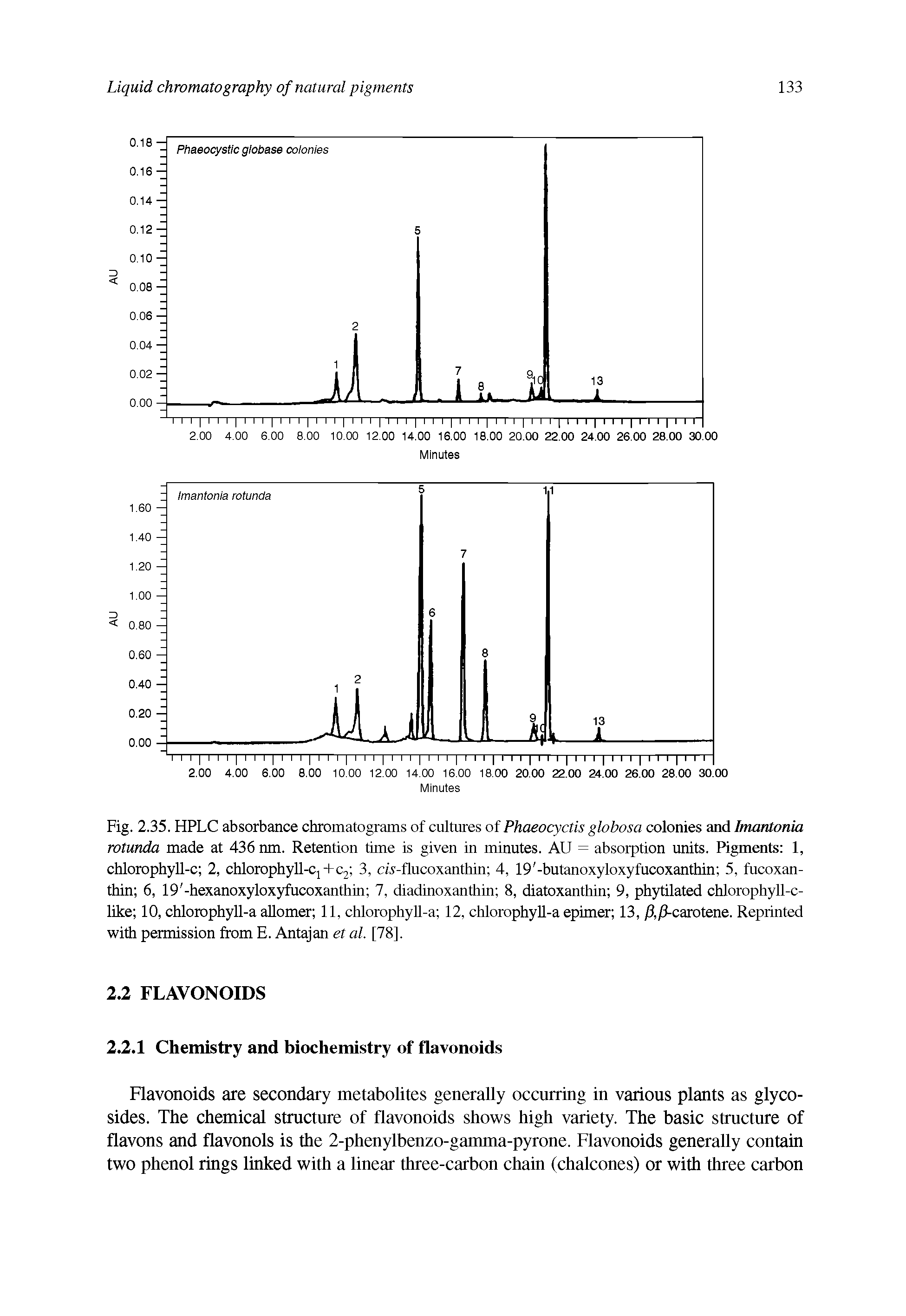Fig. 2.35. HPLC absorbance chromatograms of cultures of Phaeocyctis globosa colonies and Imantonia rotunda made at 436 nm. Retention time is given in minutes. AU = absorption units. Pigments 1, chlorophyll-c 2, chlorophyll-Cj+c2 3, cw-flucoxanthin 4, 19 -butanoxyloxyfucoxanthin 5, fucoxan-thin 6, 19 -hexanoxyloxyfucoxanthin 7, diadinoxanthin 8, diatoxanthin 9, phytilated chlorophyll-elite 10, chlorophyll-a allomer 11, chlorophyll-a 12, chlorophyll-a epimer 13, / ,/ -carotene. Reprinted with permission from E. Antajan et al. [78].