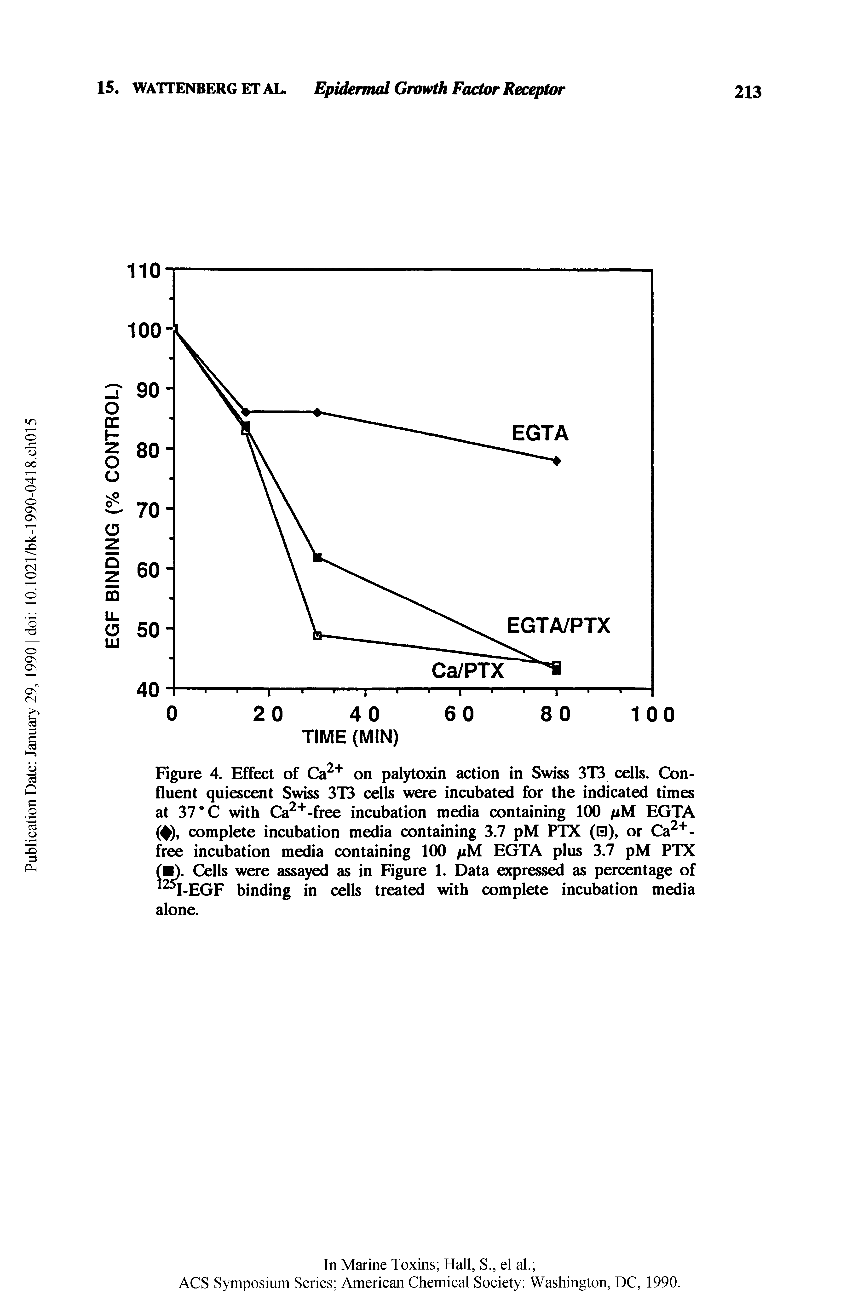 Figure 4. Effect of Ca on palytoxin action in Swiss 3T3 cells. Confluent quiescent Swiss 3T3 cells were incubated for the indicated times at 37 C with Ca -free incubation media containing 100 pM EGTA (4), complete incubation media containing 3.7 pM PTX (0), or Ca -free incubation media containing 100 pM EGTA plus 3.7 pM PTX Cells were assayed as in Figure 1. Data expressed as percentage of I-EGF binding in cells treated with complete incubation media alone.