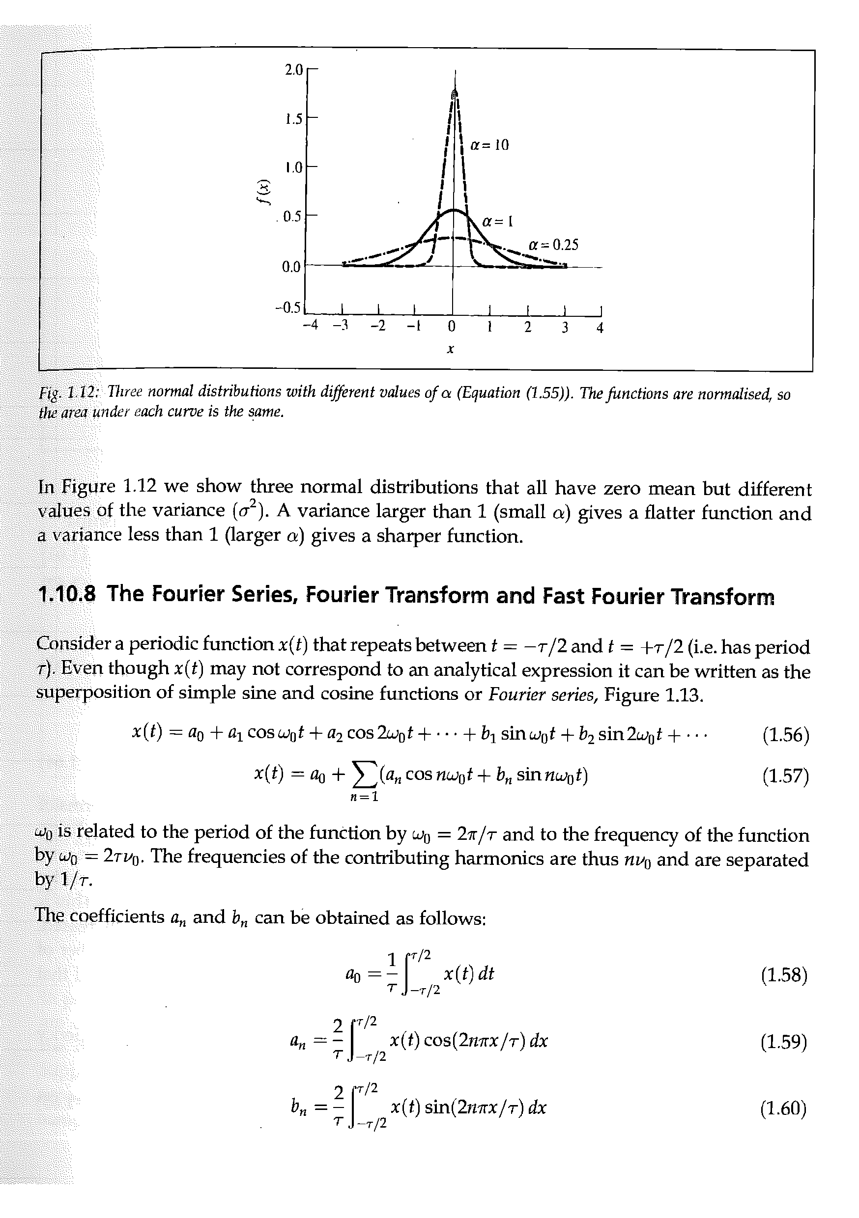 Fig. 1.12 Three normal distributions with different values of a (Equation (1.55)). The functions are normalised, so the area under each curve is the same.