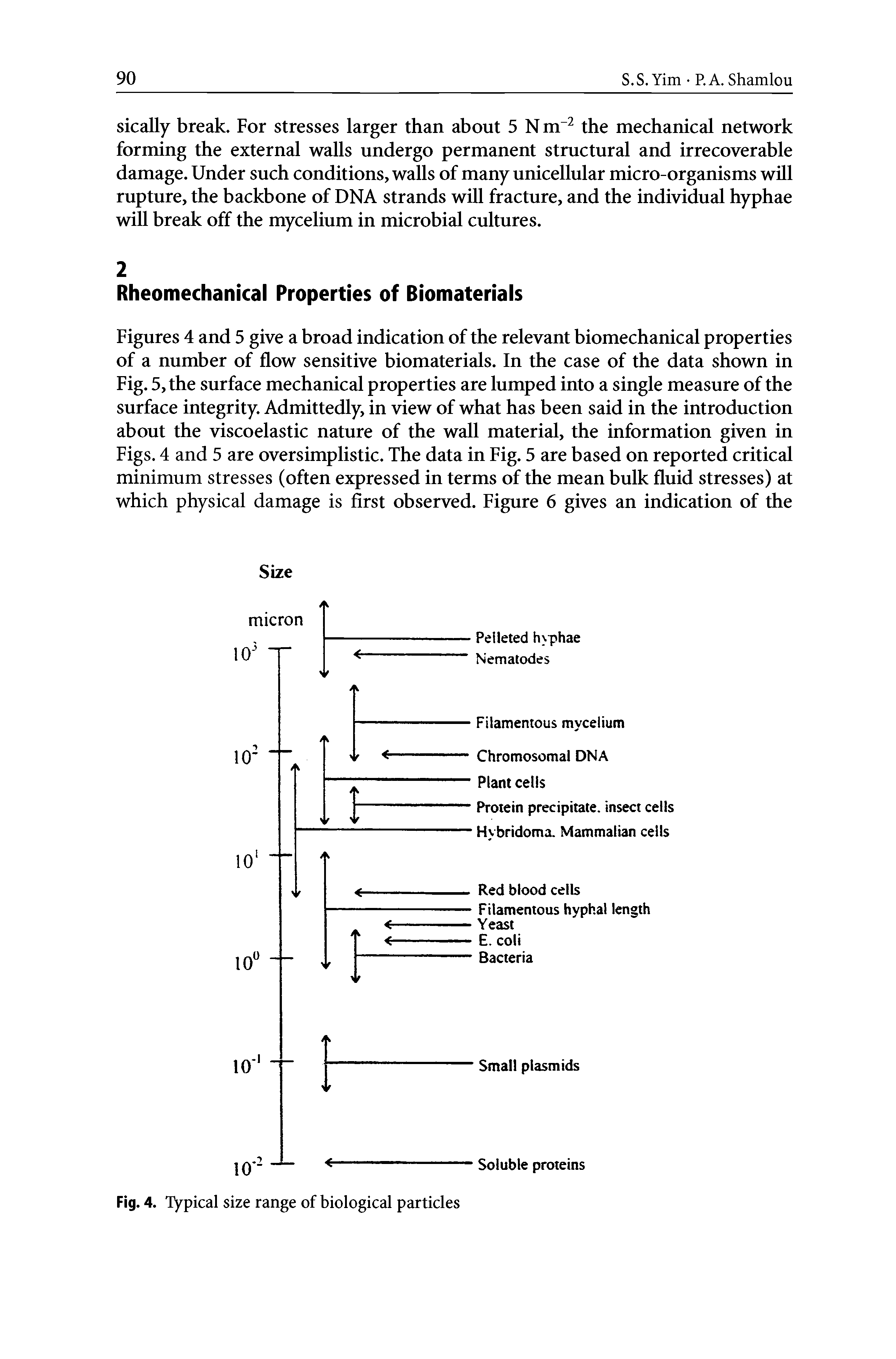 Figures 4 and 5 give a broad indication of the relevant biomechanical properties of a number of flow sensitive biomaterials. In the case of the data shown in Fig. 5, the surface mechanical properties are lumped into a single measure of the surface integrity. Admittedly, in view of what has been said in the introduction about the viscoelastic nature of the wall material, the information given in Figs. 4 and 5 are oversimplistic. The data in Fig. 5 are based on reported critical minimum stresses (often expressed in terms of the mean bulk fluid stresses) at which physical damage is first observed. Figure 6 gives an indication of the...
