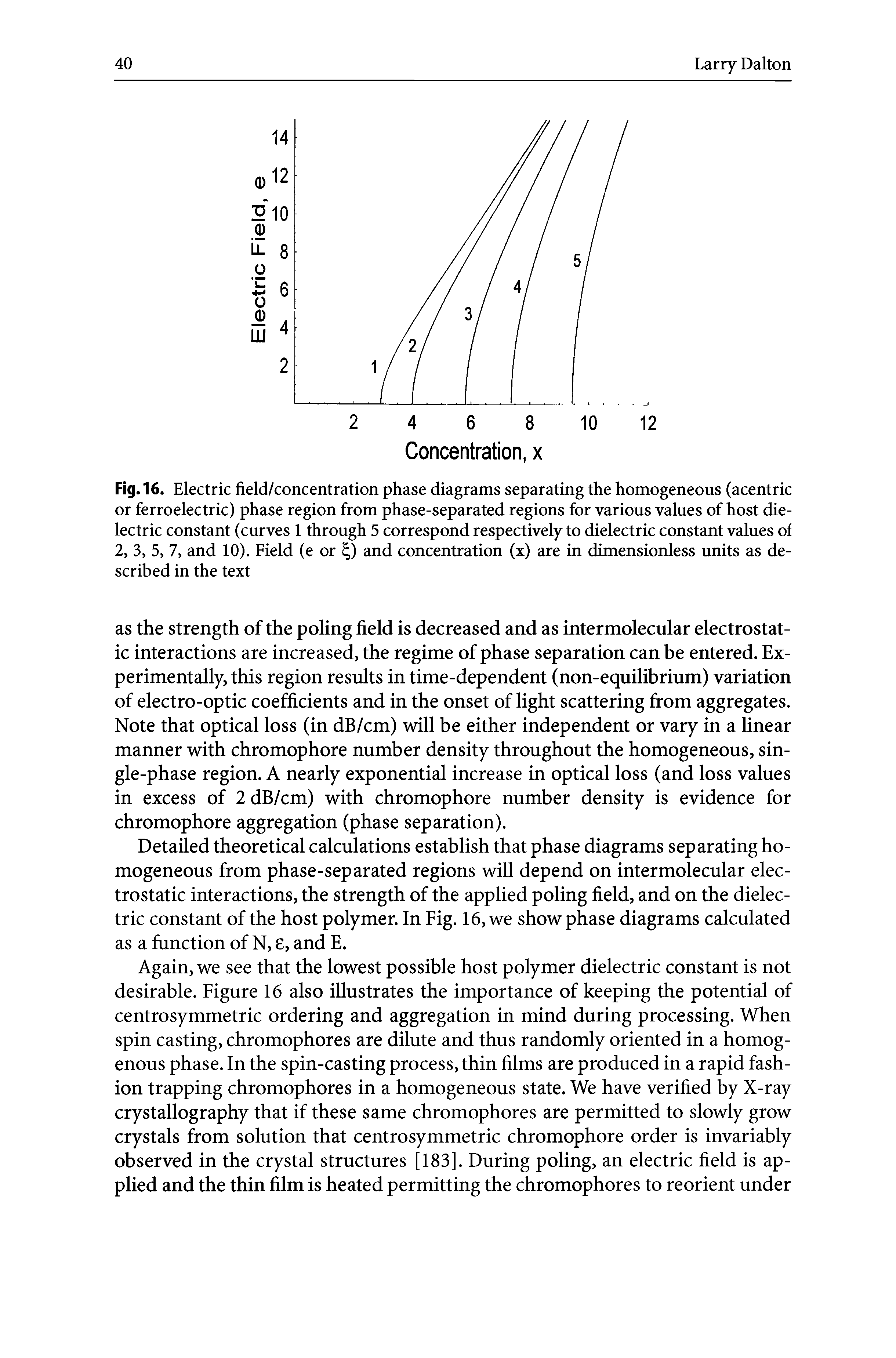 Fig. 16. Electric field/concentration phase diagrams separating the homogeneous (acentric or ferroelectric) phase region from phase-separated regions for various values of host dielectric constant (curves 1 through 5 correspond respectively to dielectric constant values ol 2, 3, 5, 7, and 10). Field (e or ,) and concentration (x) are in dimensionless units as described in the text...
